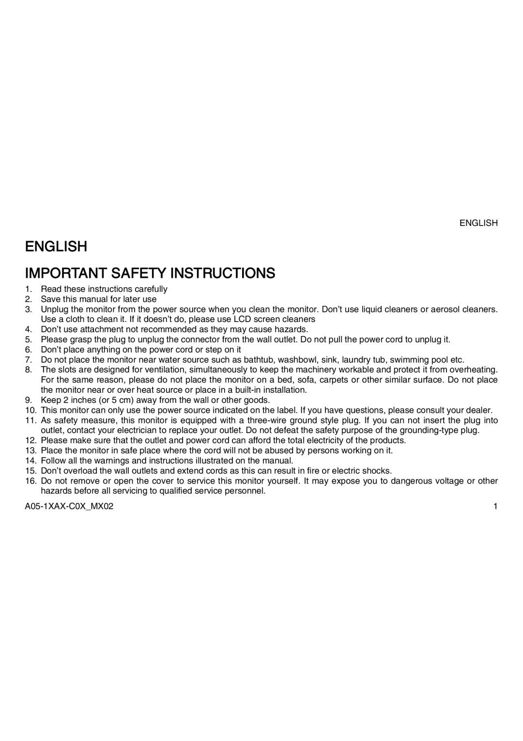 Atlantis Land A05-17AM-C04, A05-19AM-C05, A05-15AX-C03 manual English Important Safety Instructions 