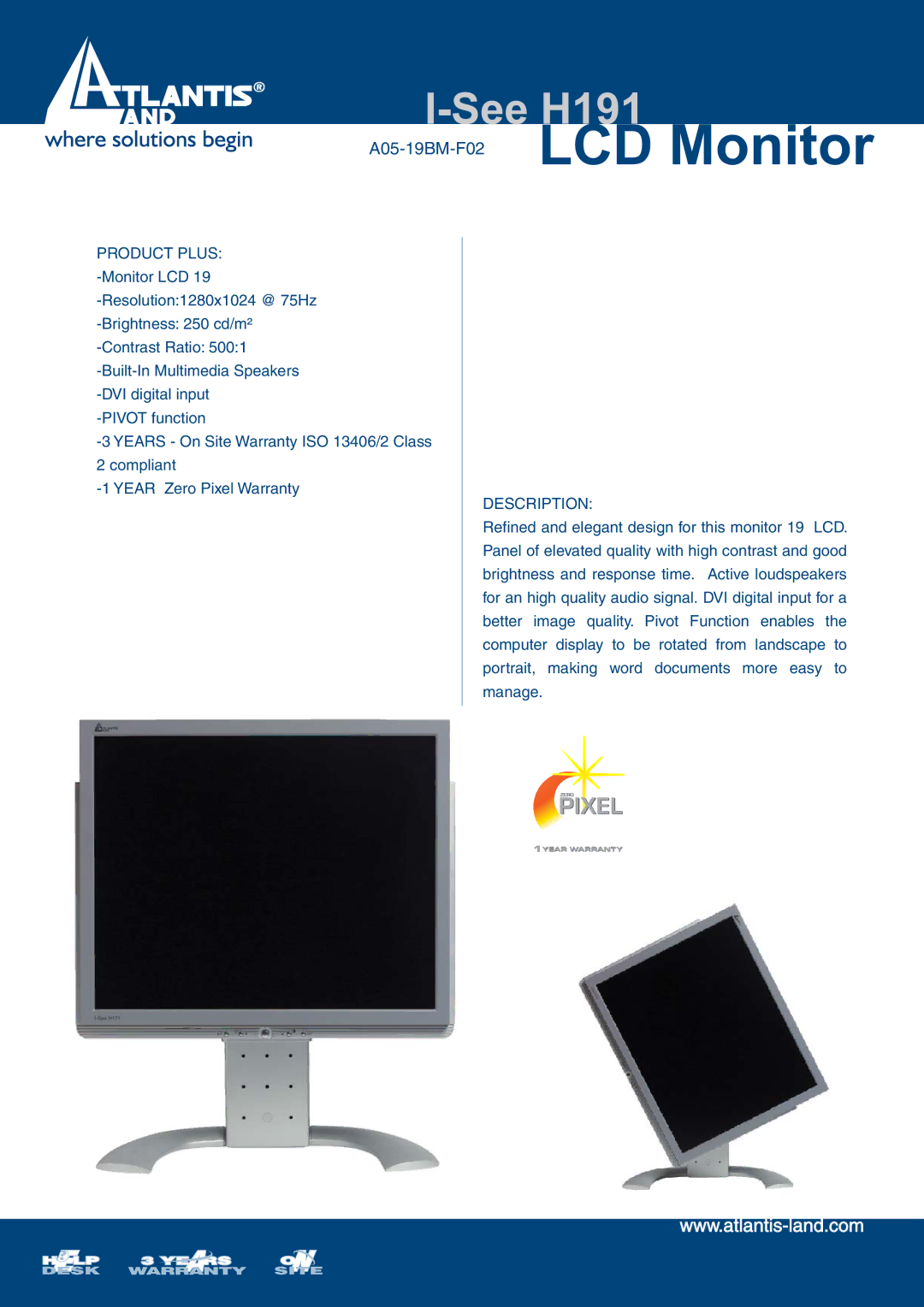 Atlantis Land warranty See H191, A05-19BM-F02 LCD Monitor, Product Plus, Description 