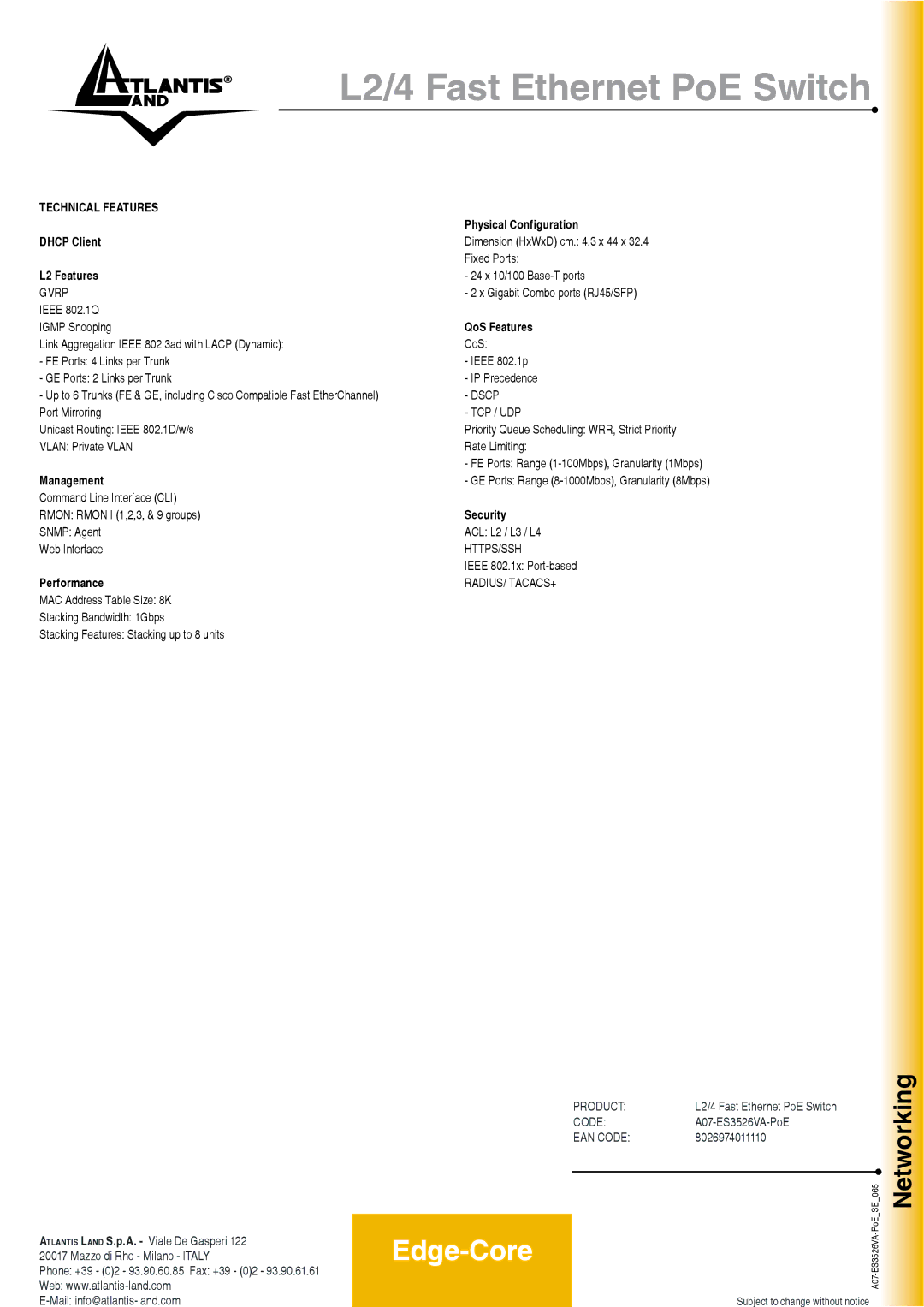 Atlantis Land A07-ES3526VA-PoE manual Networking, Technical Features 