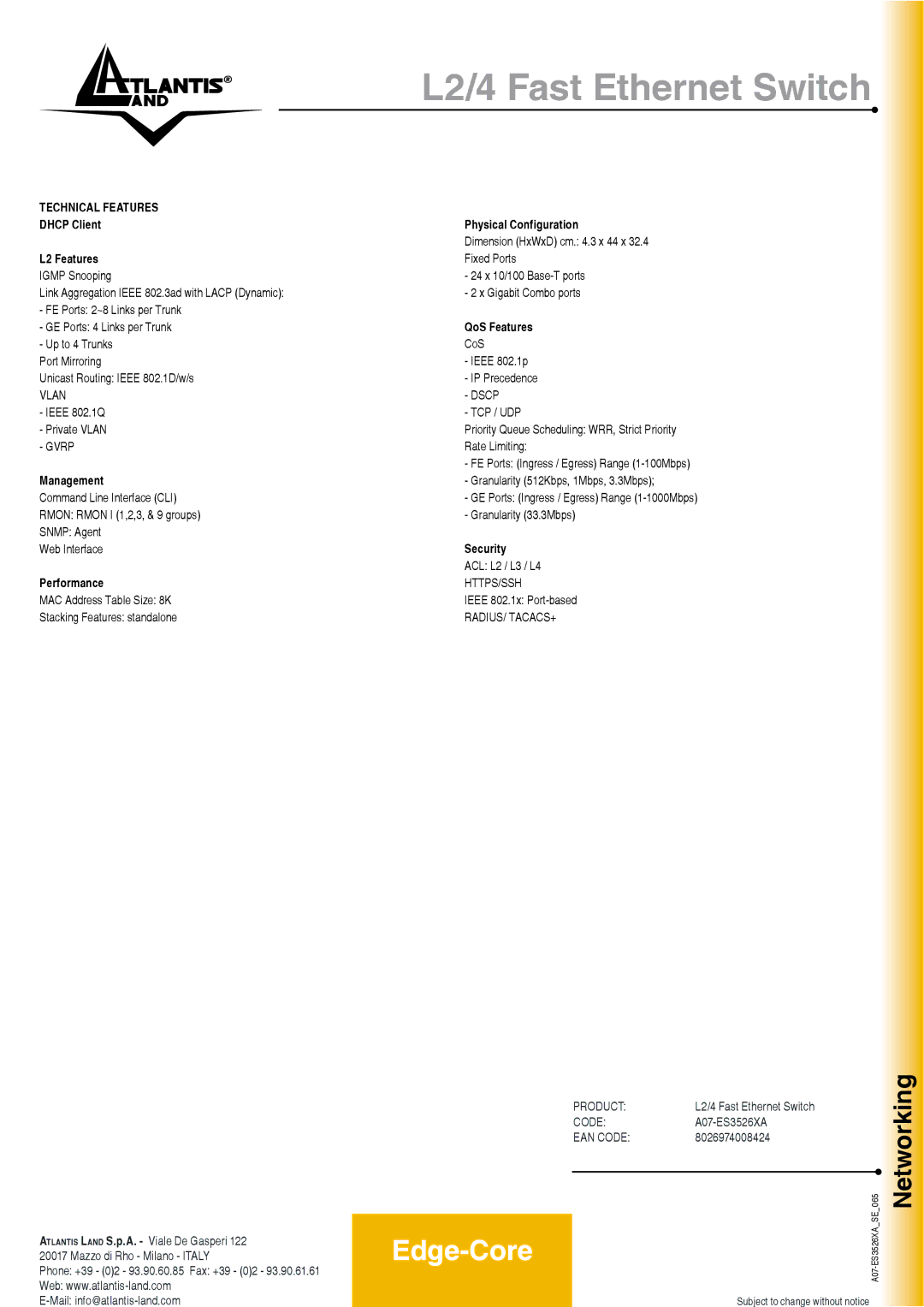 Atlantis Land A07-ES3526XA manual Networking 