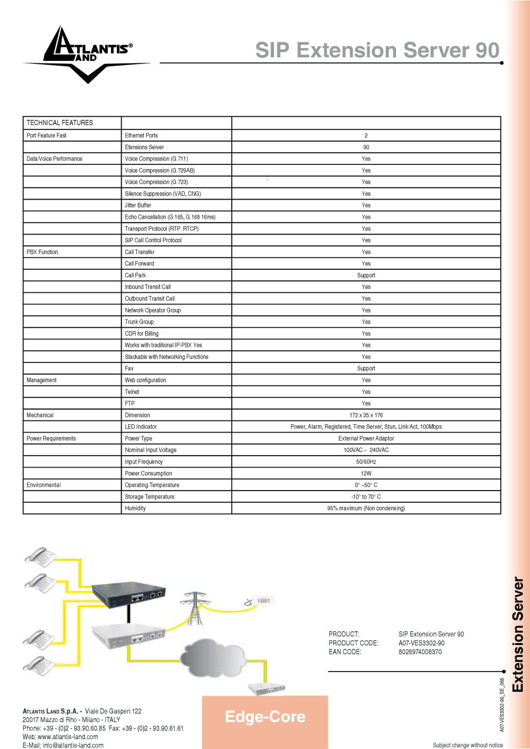 Atlantis Land A07-VES3302-90 manual Server, Extension, Technical Features, Ftp 