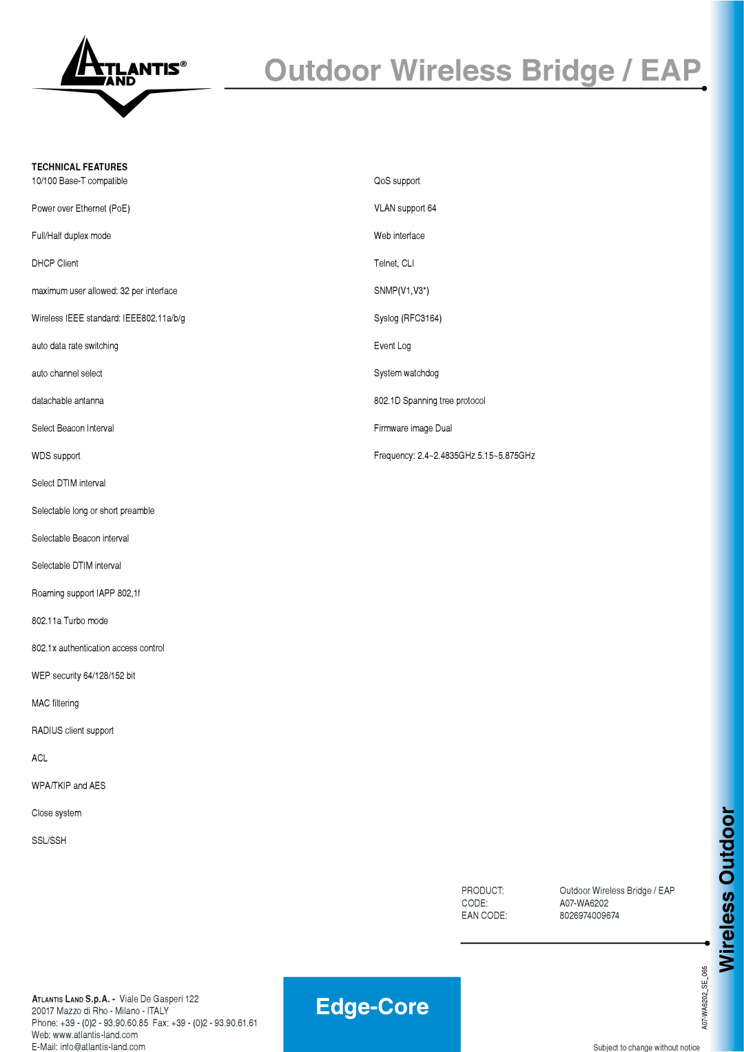 Atlantis Land A07-WA6202 manual Technical features, Acl, Ssl/Ssh 