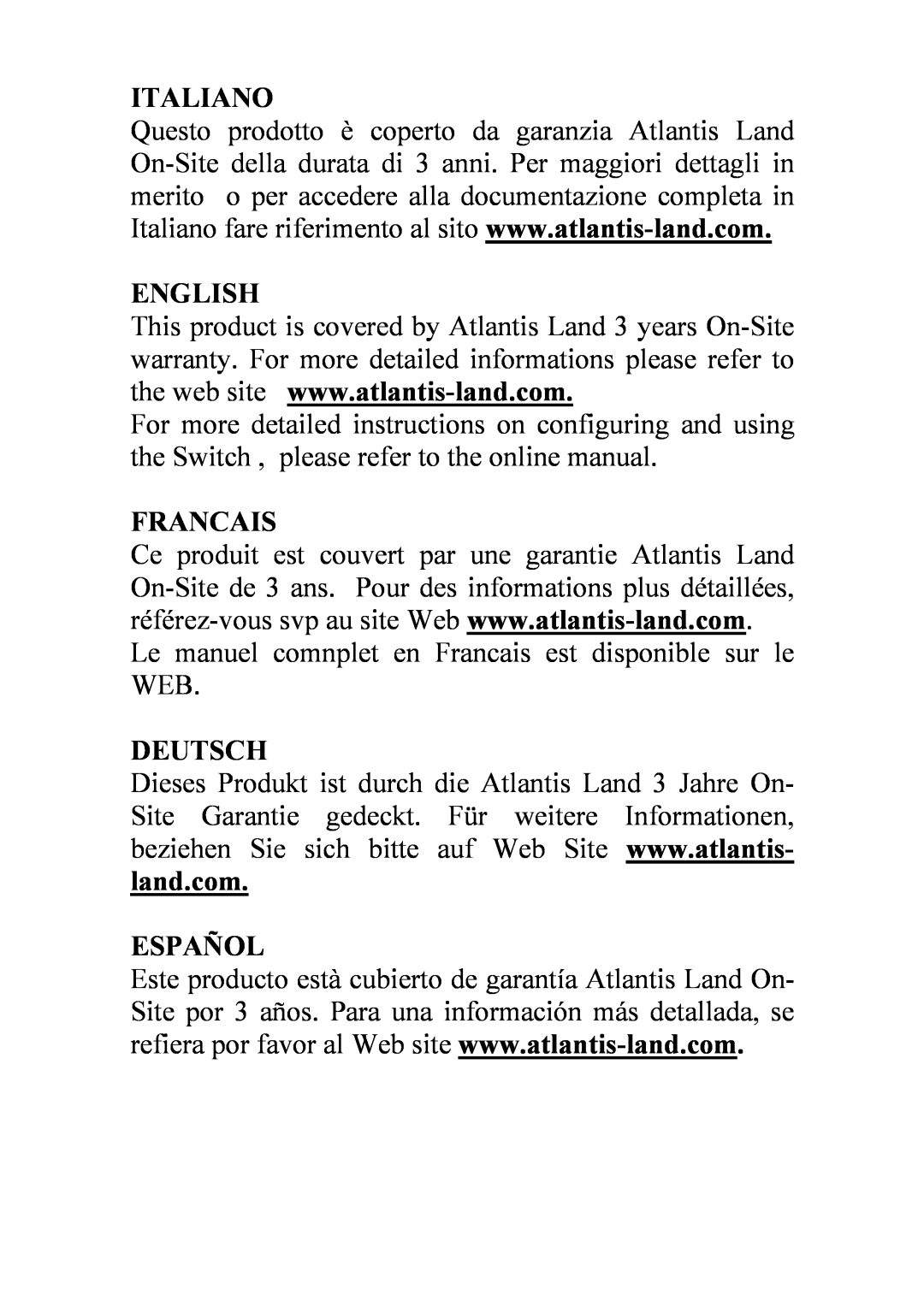 Atlantis Land AO2-F5P manual Le manuel comnplet en Francais est disponible sur le WEB, Italiano, English, Deutsch, Español 