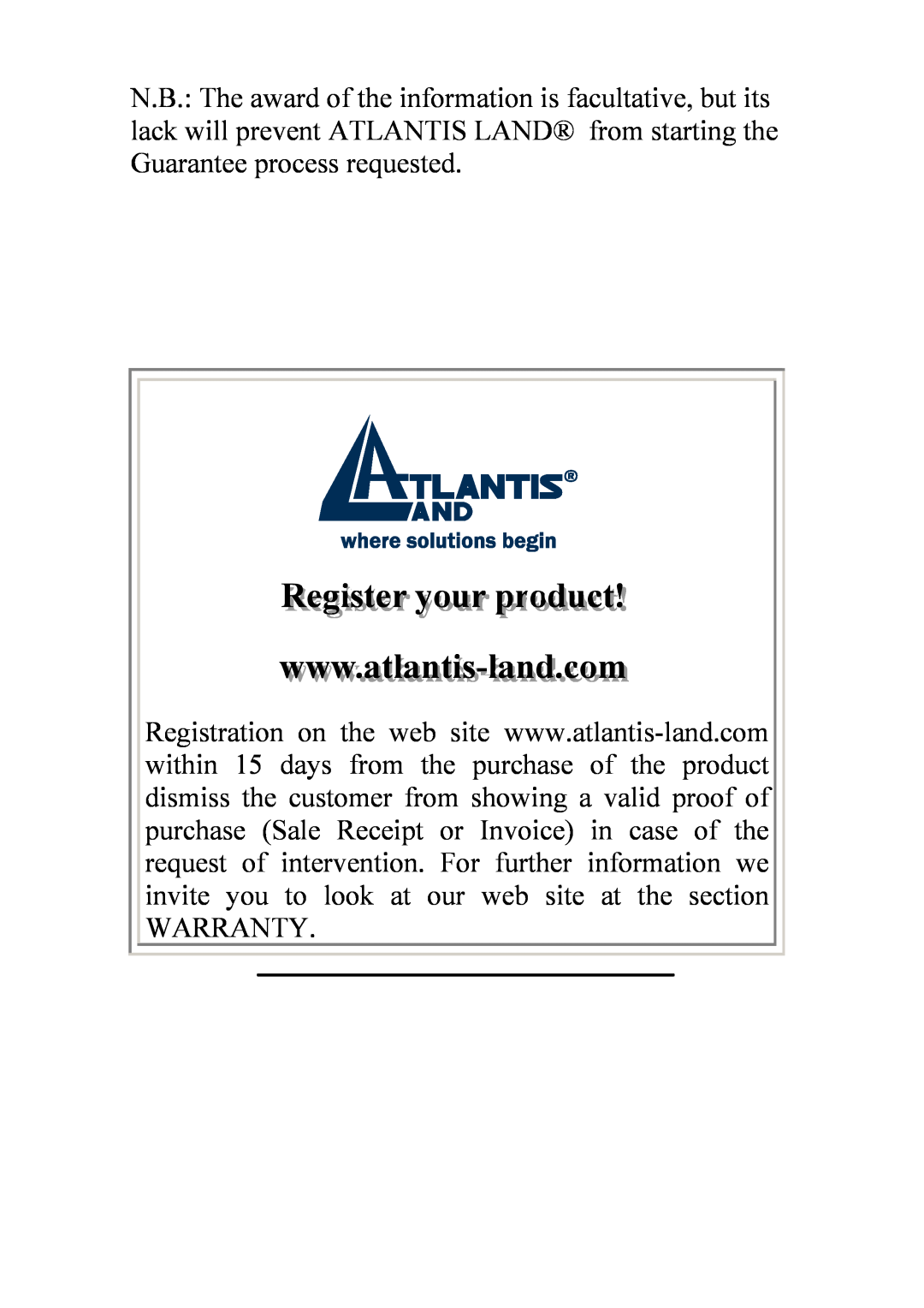 Atlantis Land AO2-F5P manual Regiisstter your productt, Warranty 