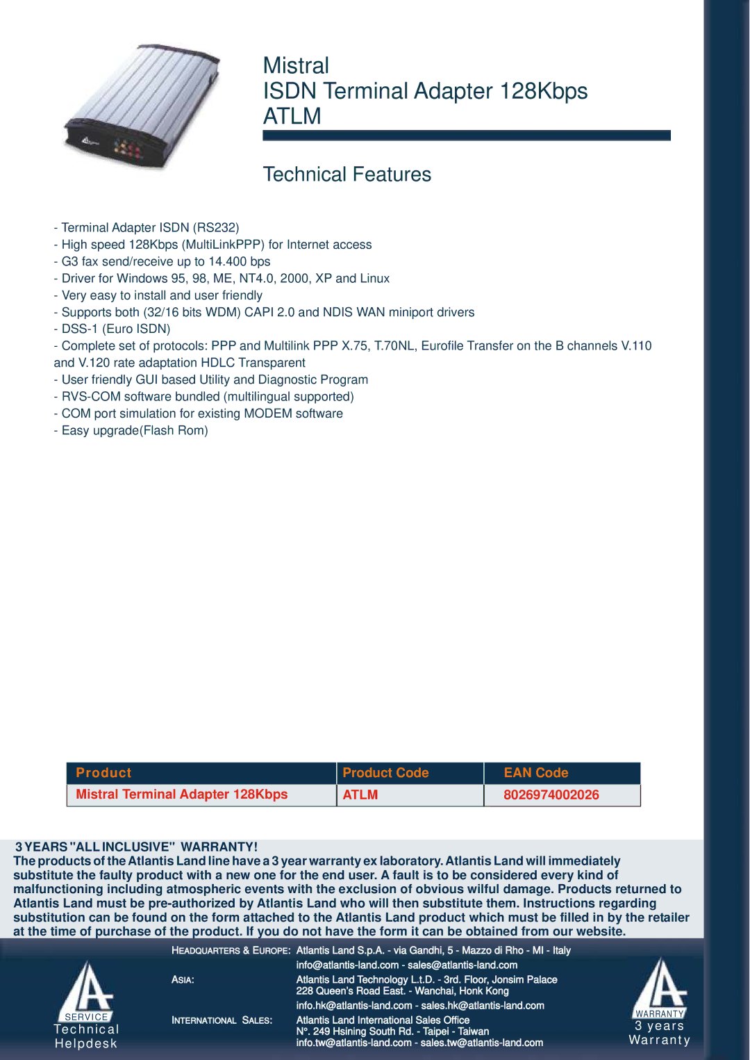 Atlantis Land ATLM Technical Features, Mistral Terminal Adapter 128Kbps, Atlm, 8026974002026, Years ALL Inclusive Warranty 