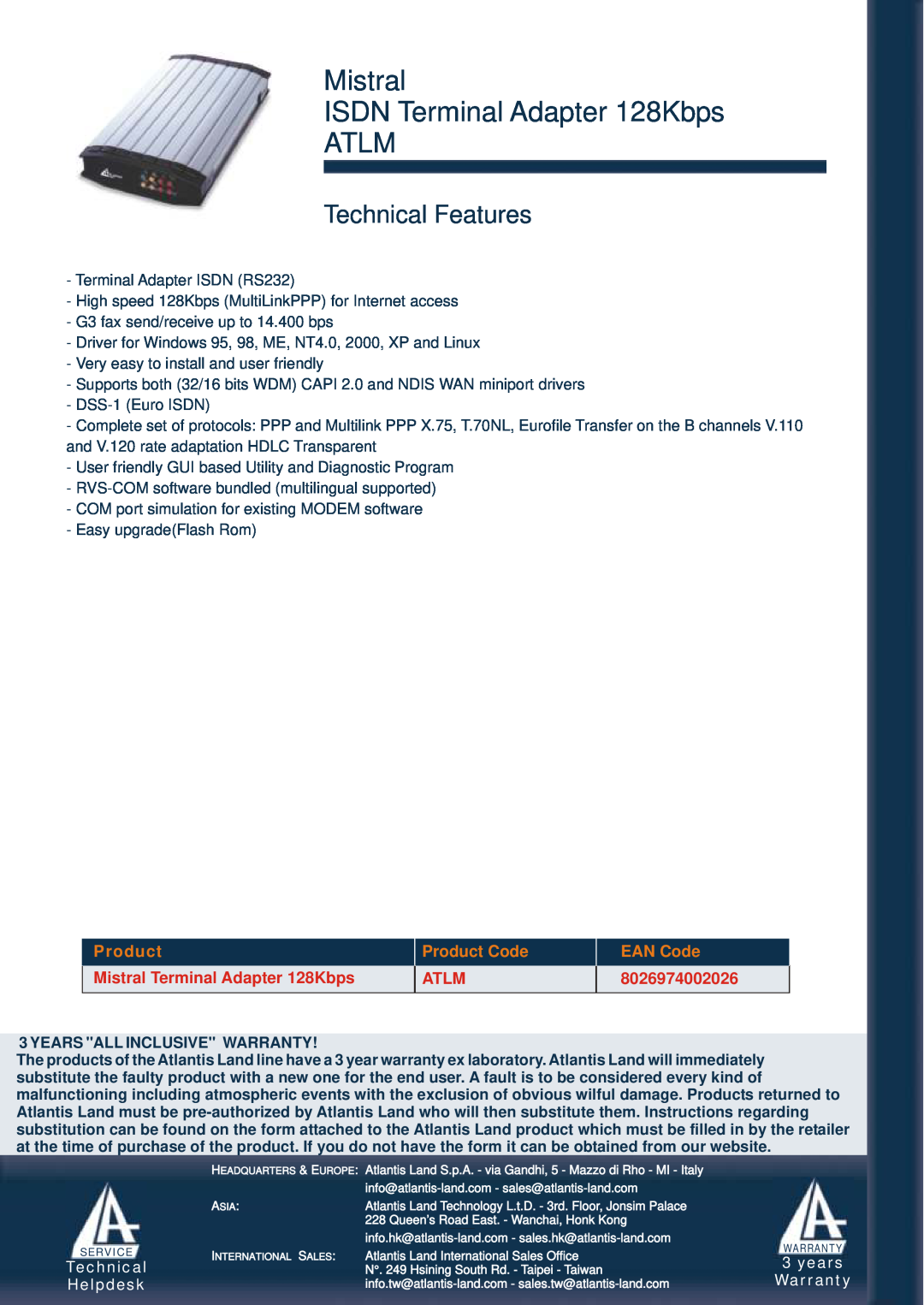 Atlantis Land manual Mistral ISDN Terminal Adapter 128Kbps ATLM, Technical Features, Product Code, EAN Code, Atlm 