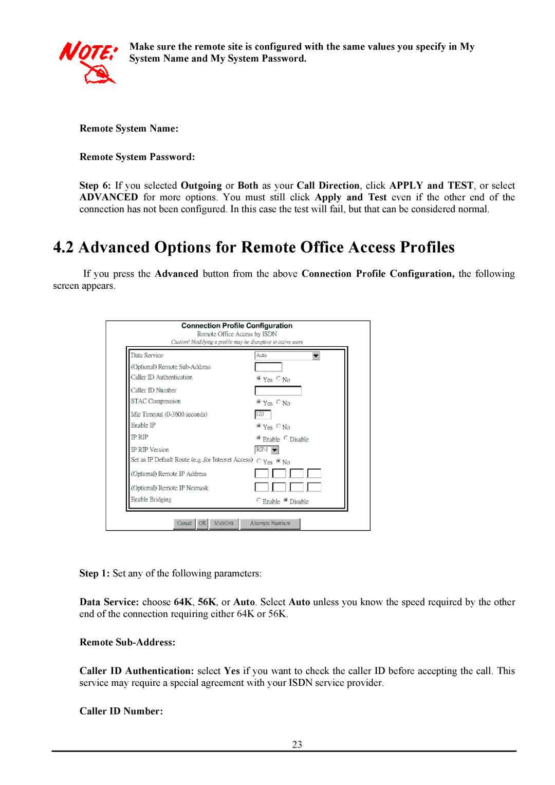 Atlantis Land ATLMMR MNE01 Advanced Options for Remote Office Access Profiles, Remote Sub-Address, Caller ID Number 