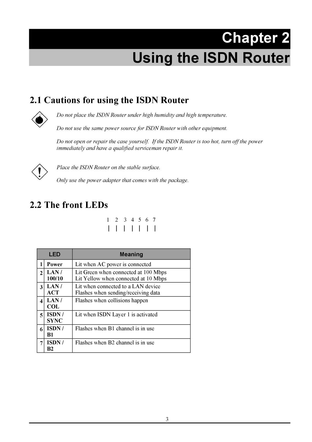 Atlantis Land ATLMMR MNE01 user manual Using the Isdn Router, Front LEDs 