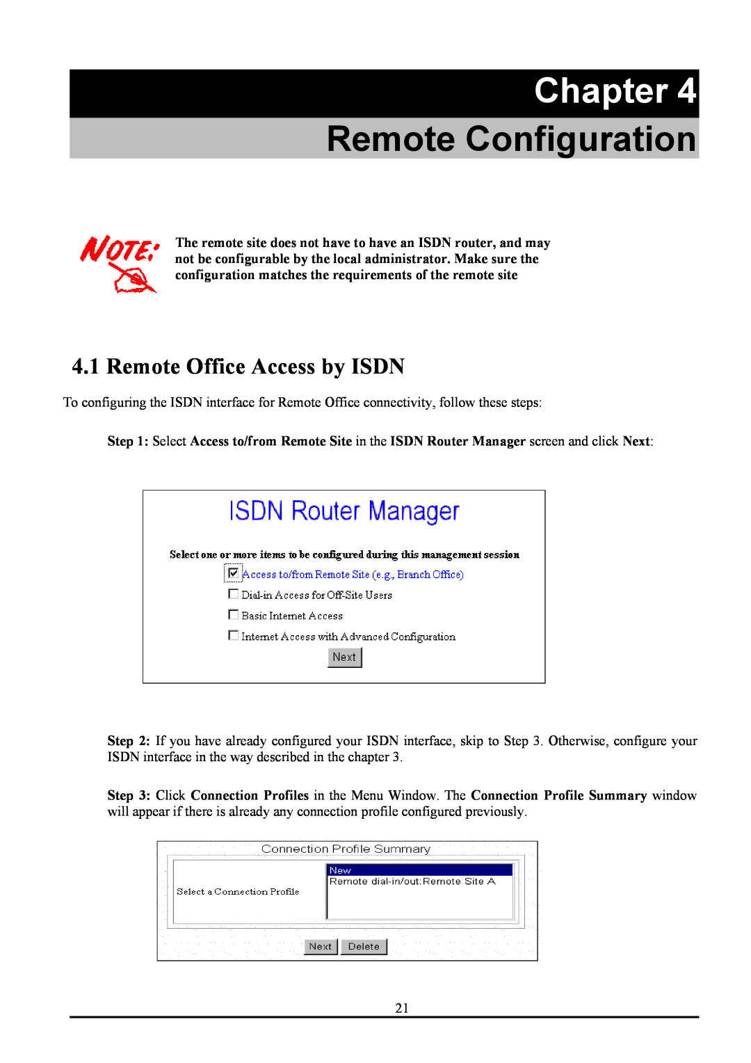Atlantis Land ATLMMR MNE01 user manual Remote Configuration, Remote Office Access by ISDN, Chapter 