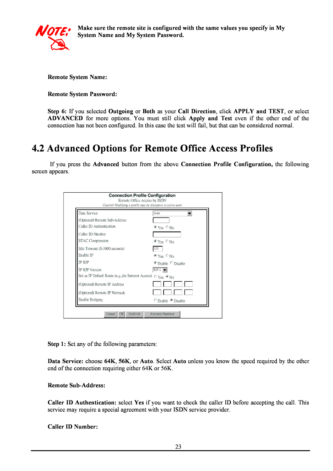 Atlantis Land ATLMMR MNE01 Advanced Options for Remote Office Access Profiles, Remote System Password, Remote Sub-Address 