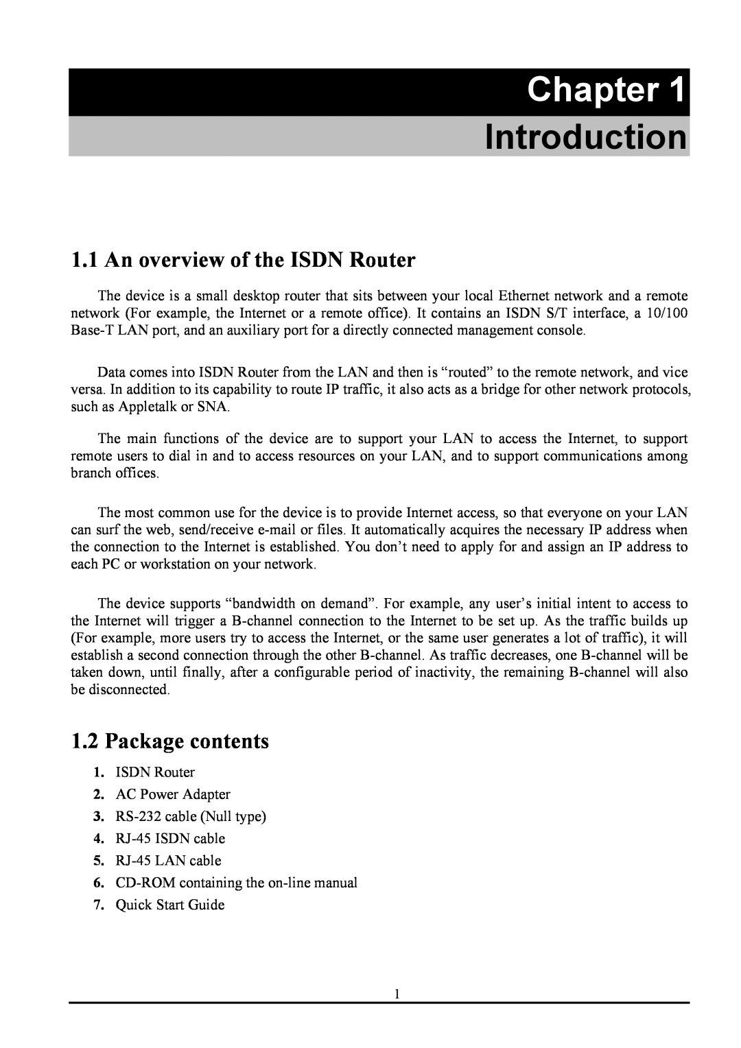 Atlantis Land ATLMMR MNE01 user manual Chapter, Introduction, An overview of the ISDN Router, Package contents 