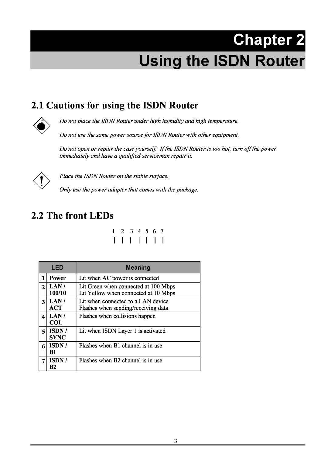 Atlantis Land ATLMMR MNE01 Using the ISDN Router, Cautions for using the ISDN Router, The front LEDs, Chapter, Meaning 
