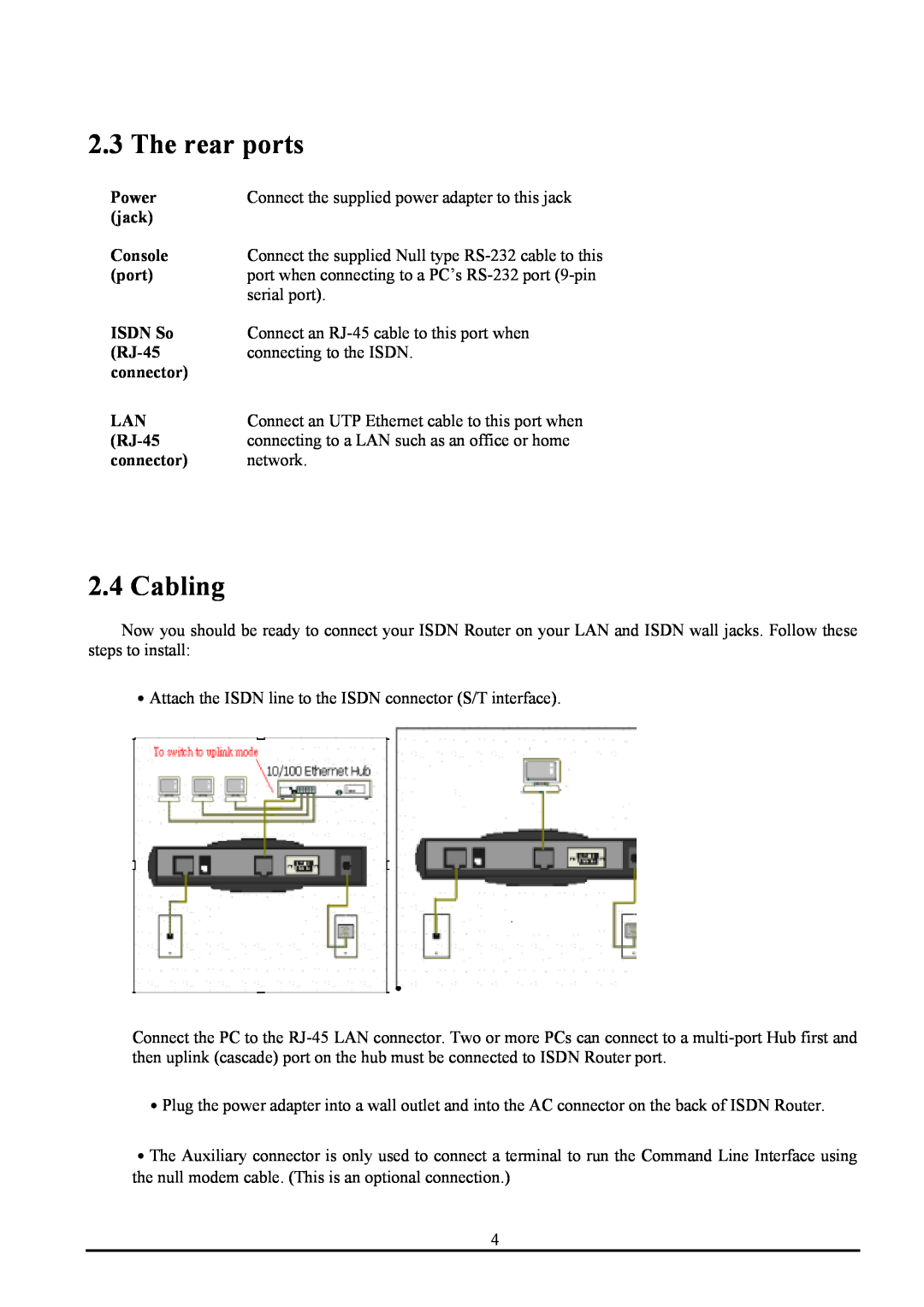 Atlantis Land ATLMMR MNE01 user manual The rear ports, Cabling, Power, jack, Console, ISDN So, RJ-45, connector 
