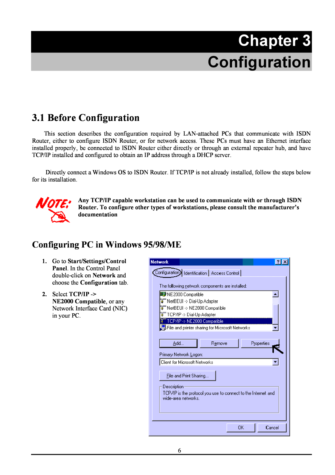 Atlantis Land ATLMMR MNE01 user manual Before Configuration, Configuring PC in Windows 95/98/ME, Chapter, Select TCP/IP 