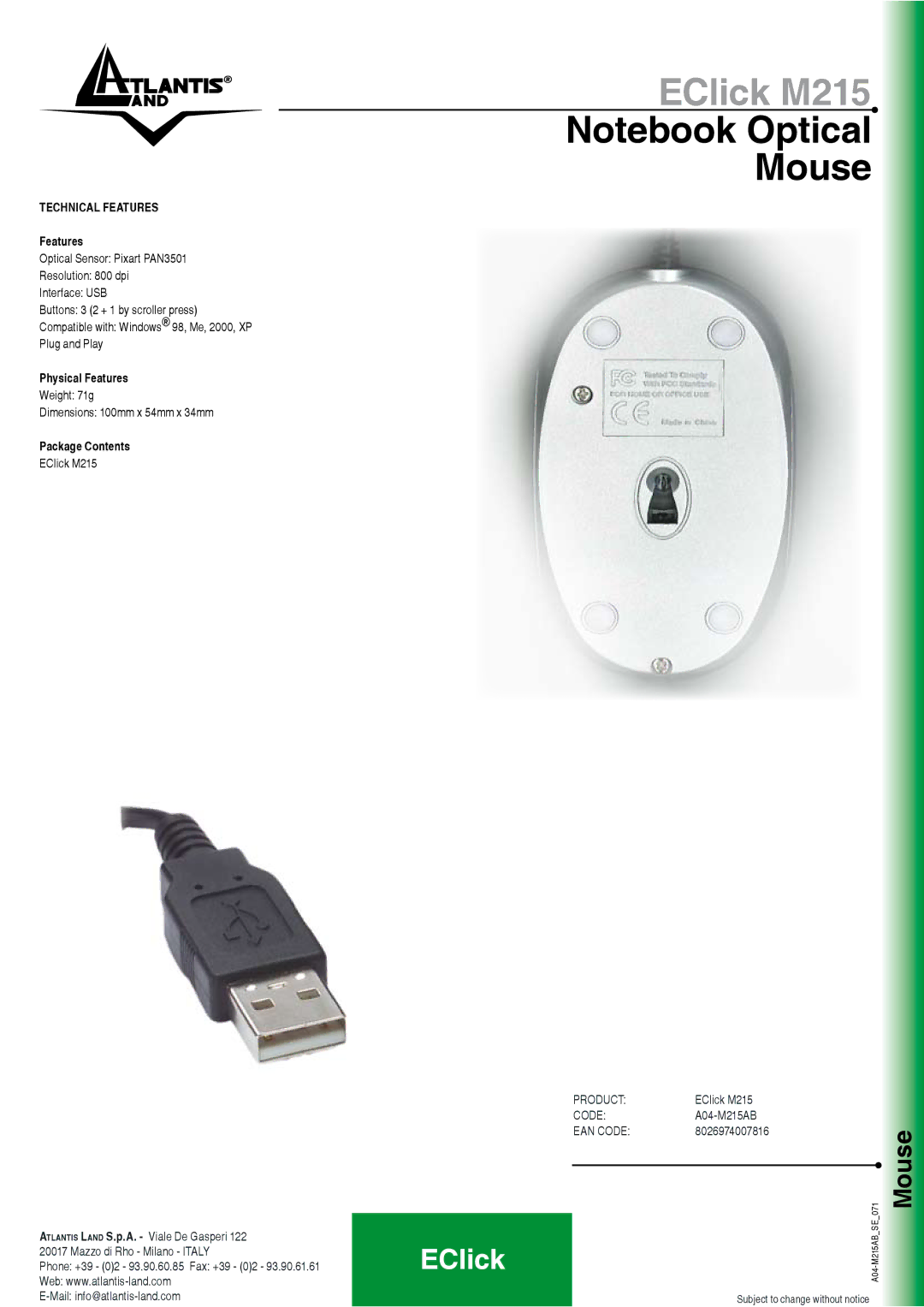 Atlantis Land EClick M215, A04-M215AB manual Technical Features, Physical Features, Package Contents 