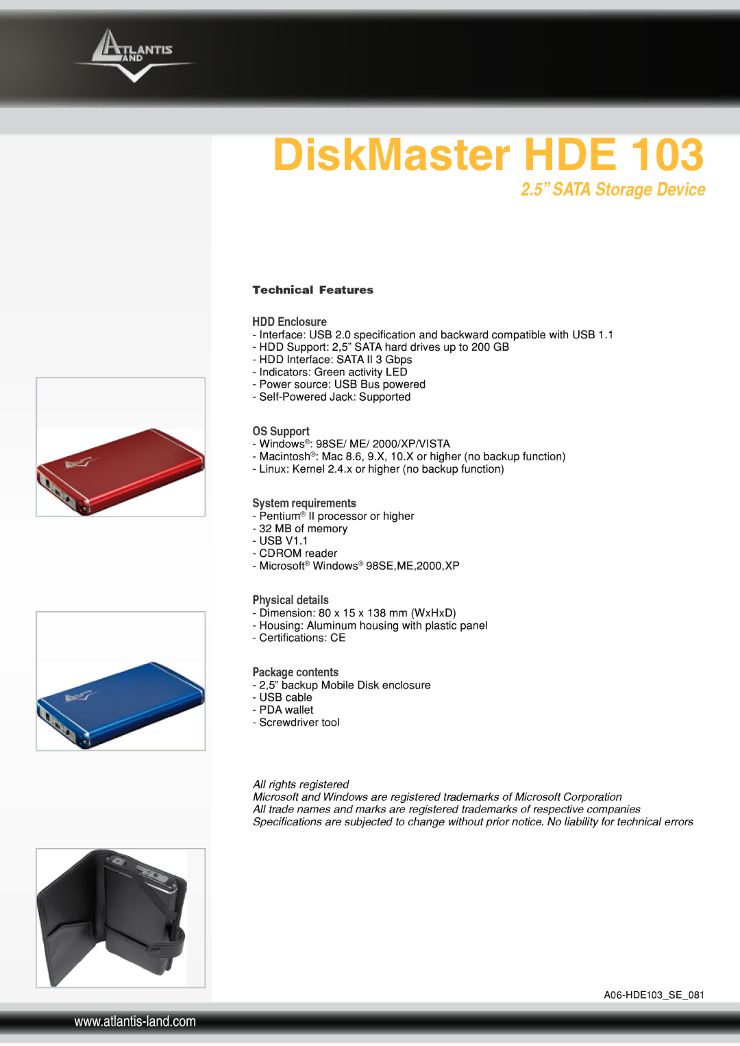 Atlantis Land HDE 103 manual Sata Storage Device 