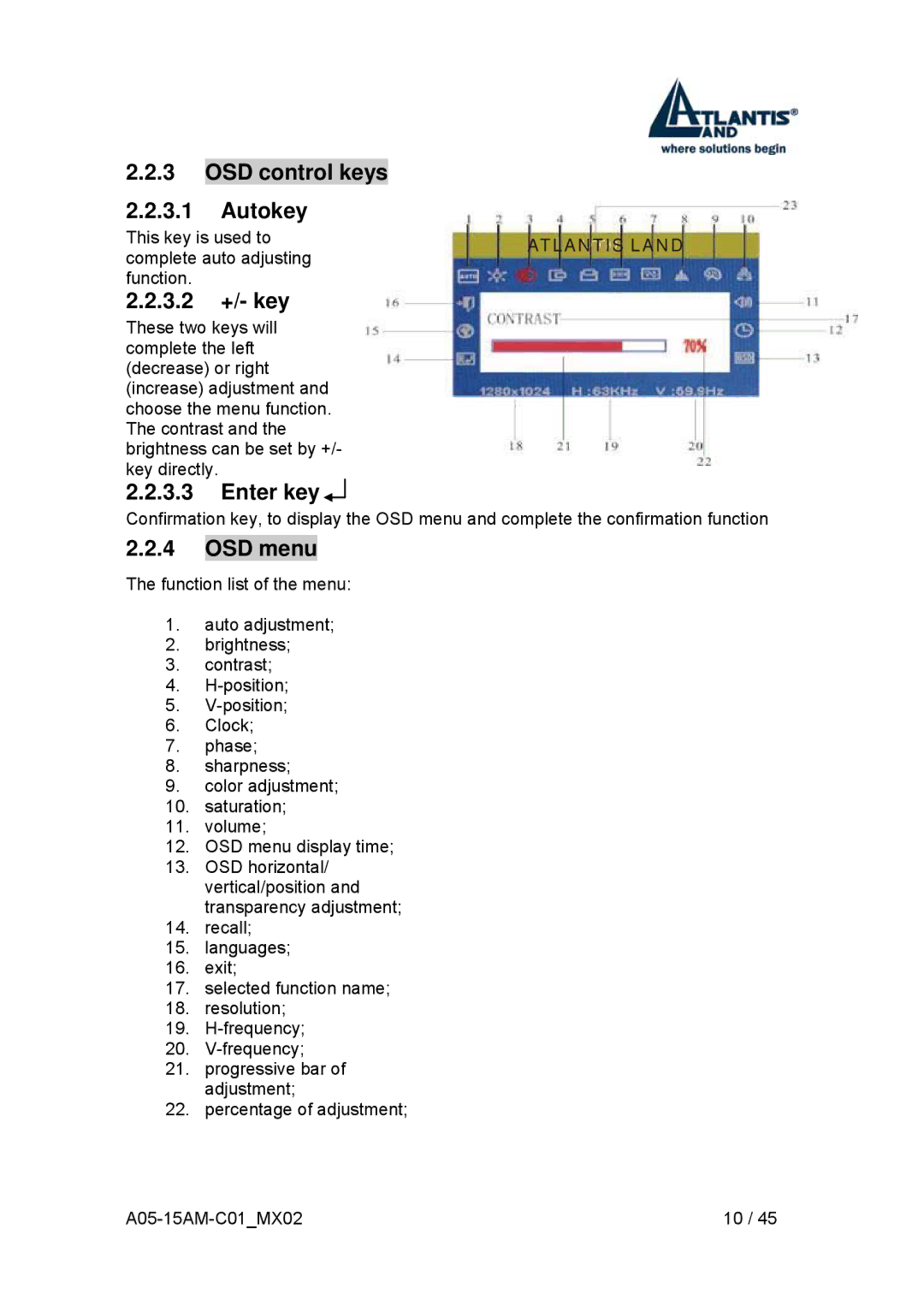 Atlantis Land I-See S 150 user manual OSD control keys Autokey, 3.2 +/- key, Enter key, OSD menu 