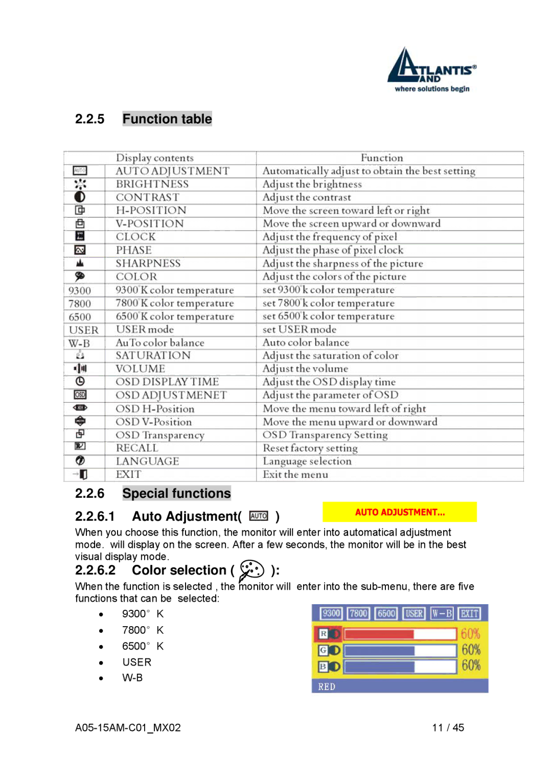 Atlantis Land I-See S 150 user manual Function table Special functions Auto Adjustment, Color selection 