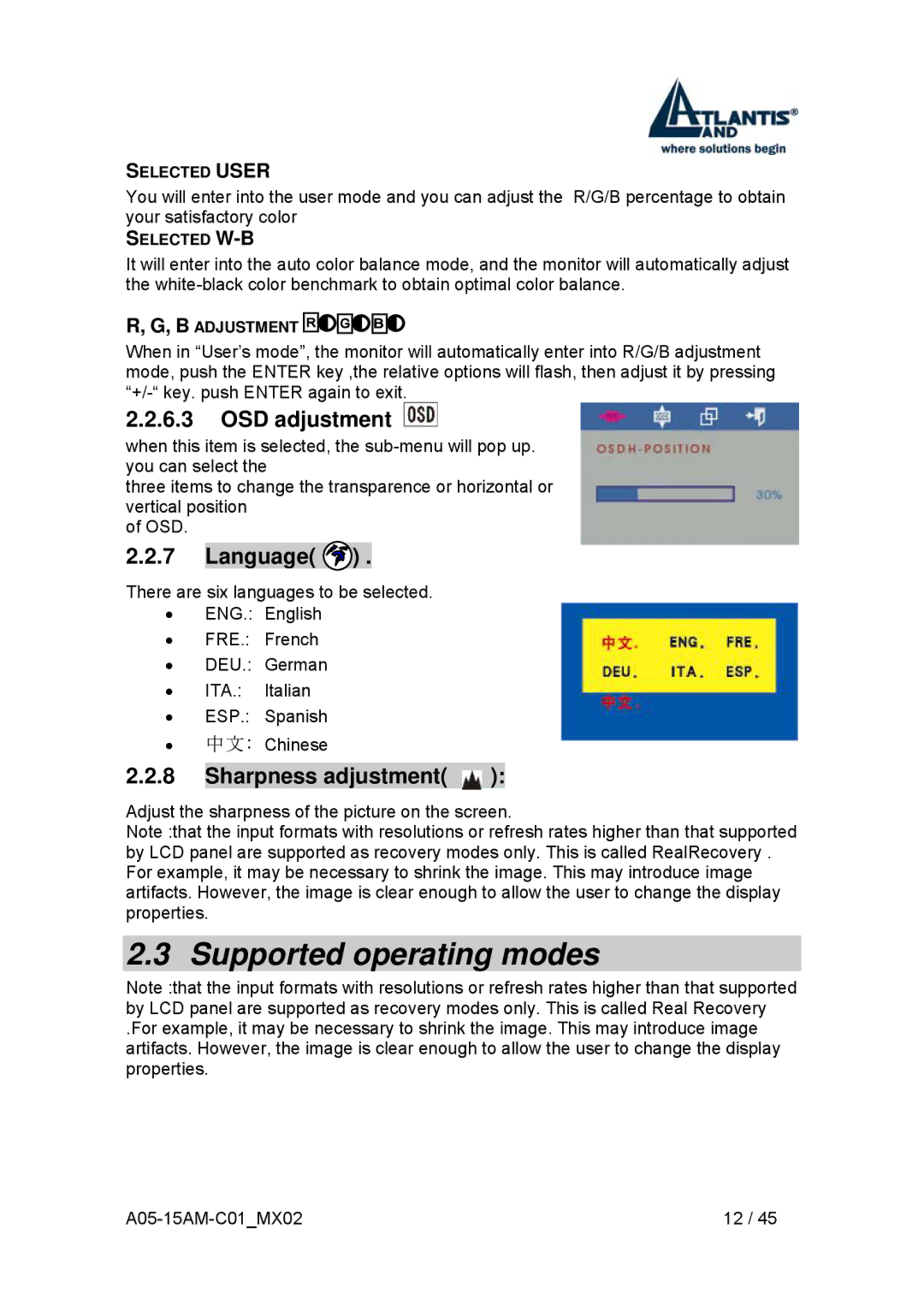 Atlantis Land I-See S 150 user manual Supported operating modes, OSD adjustment, Language, Sharpness adjustment 