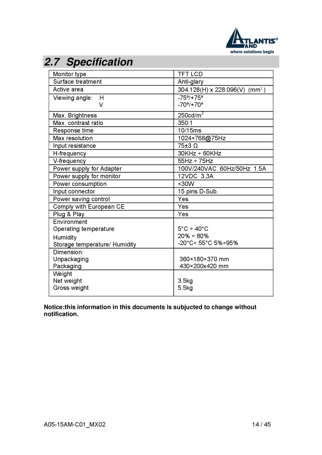 Atlantis Land I-See S 150 user manual Specification, Tft Lcd 