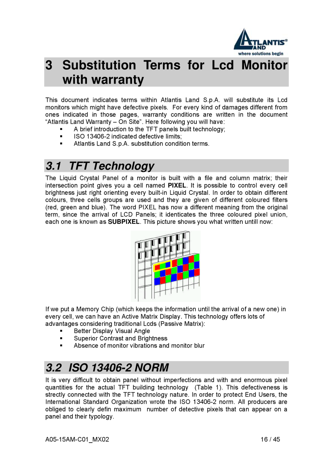 Atlantis Land I-See S 150 user manual Substitution Terms for Lcd Monitor with warranty, TFT Technology, ISO 13406-2 Norm 