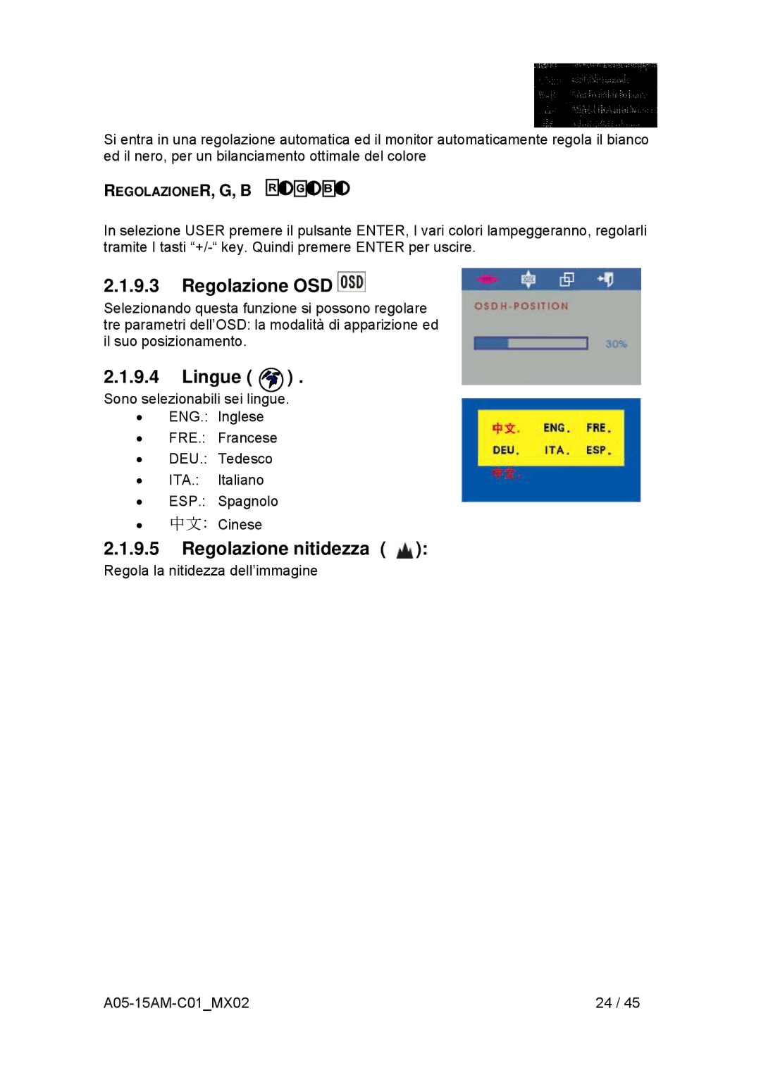 Atlantis Land I-See S 150 user manual Regolazione OSD, Lingue, Regolazione nitidezza 