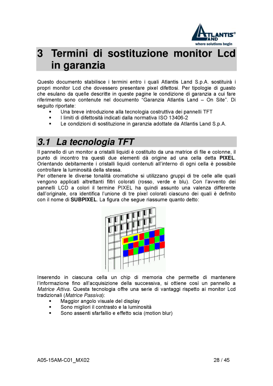 Atlantis Land I-See S 150 user manual Termini di sostituzione monitor Lcd in garanzia, La tecnologia TFT 