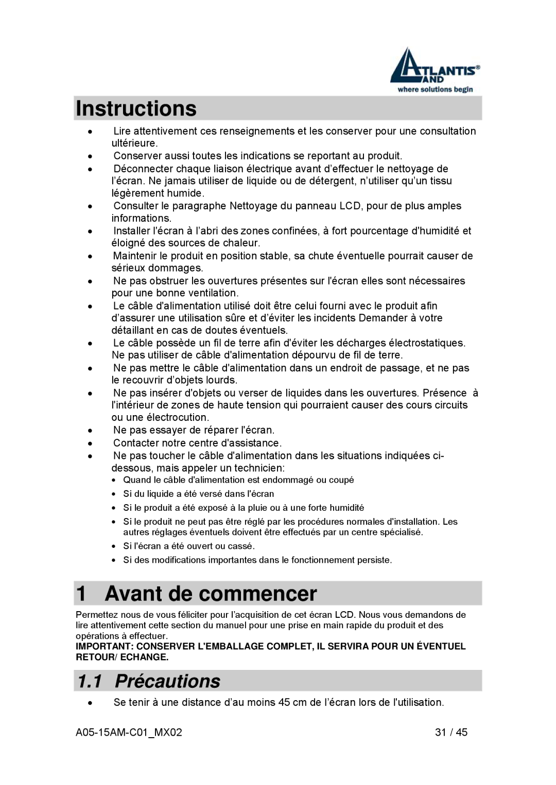 Atlantis Land I-See S 150 user manual Instructions, Avant de commencer, Précautions 