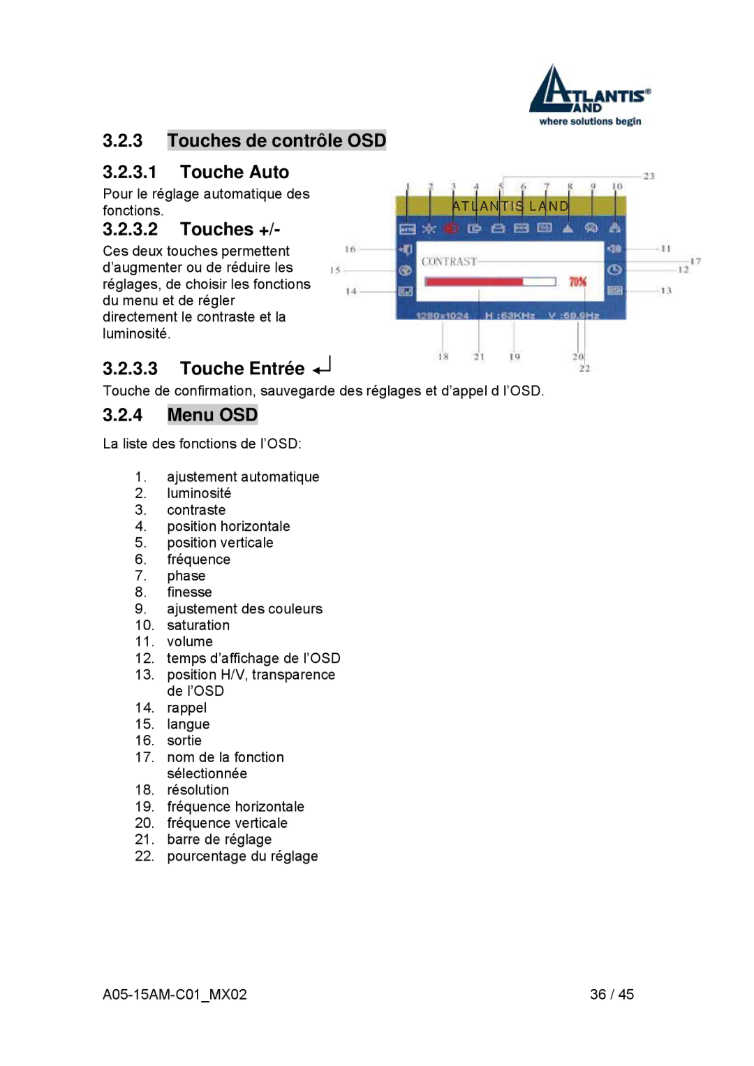 Atlantis Land I-See S 150 user manual Touches de contrôle OSD Touche Auto, Touches +, Touche Entrée, Menu OSD 