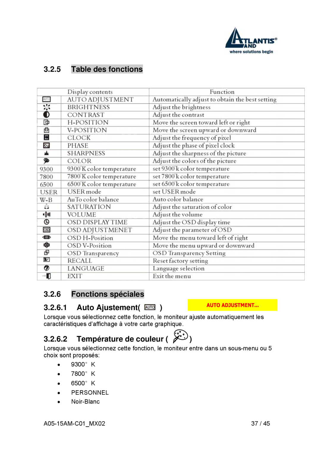 Atlantis Land I-See S 150 user manual Table des fonctions Fonctions spéciales Auto Ajustement, Température de couleur 