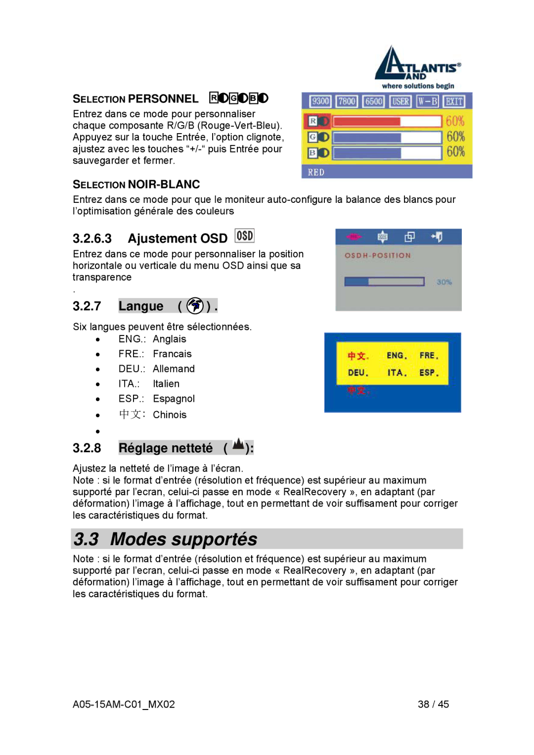 Atlantis Land I-See S 150 user manual Modes supportés, Ajustement OSD, Langue, 8 Réglage netteté 