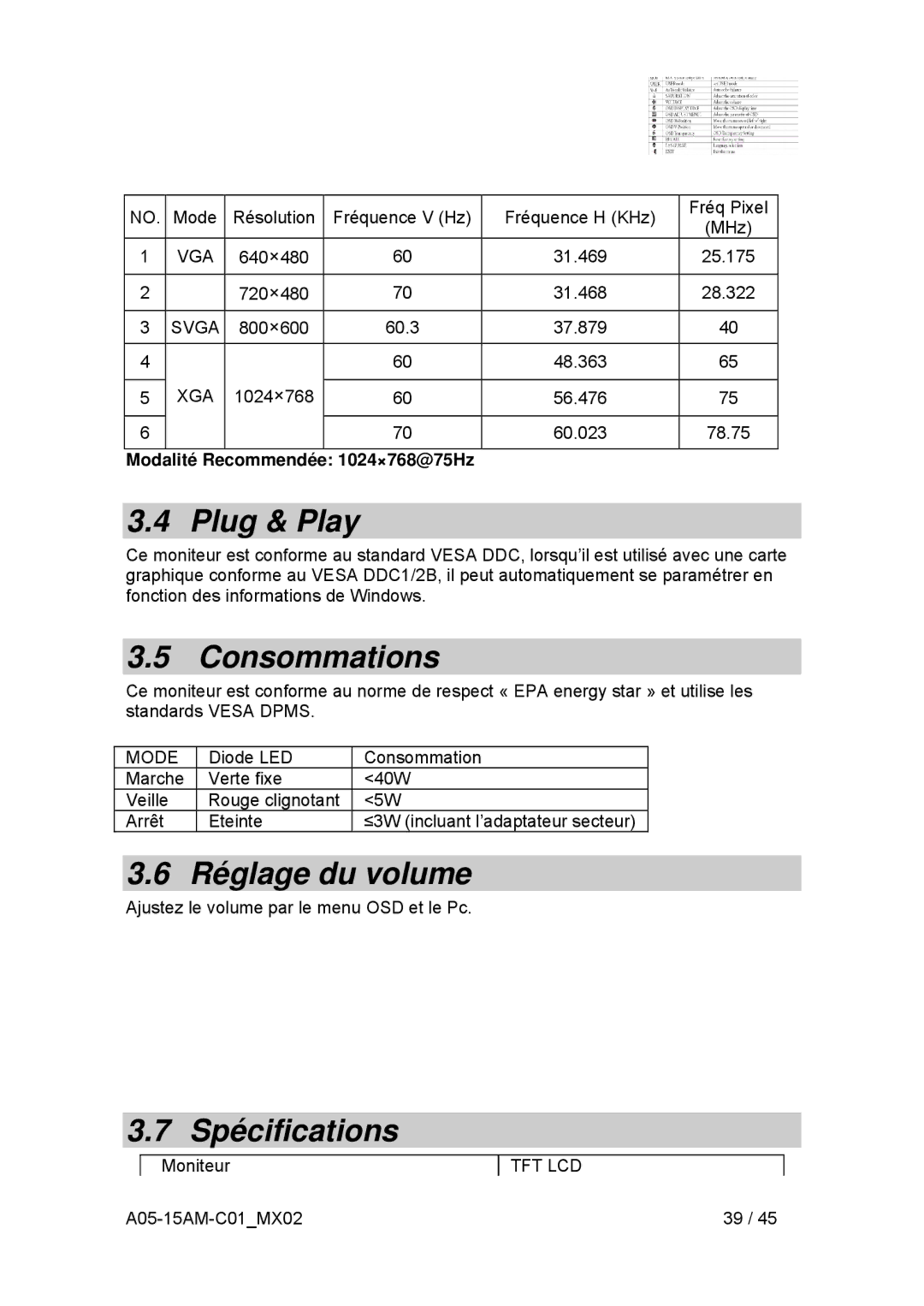 Atlantis Land I-See S 150 user manual Consommations, Réglage du volume, Spécifications 