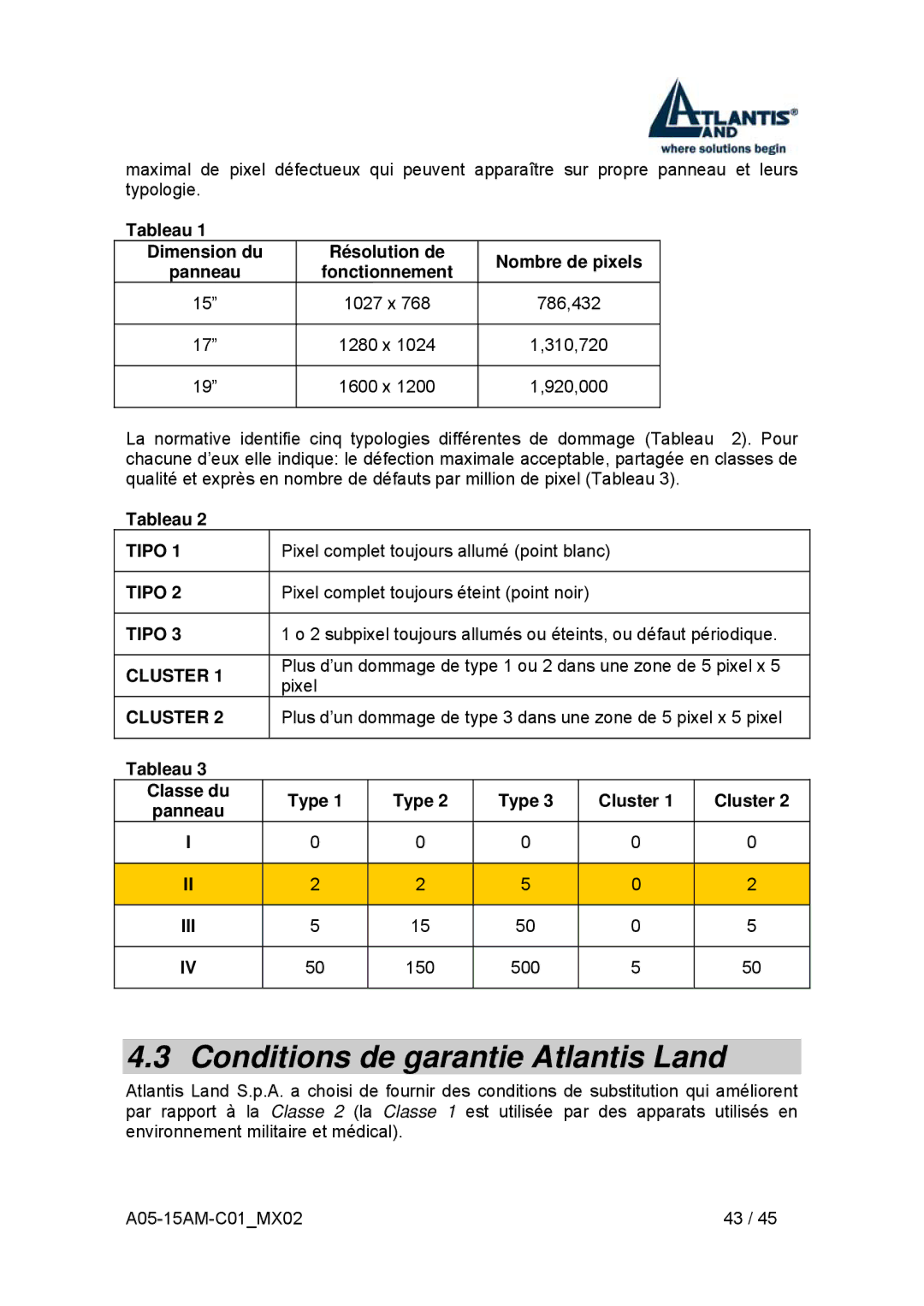 Atlantis Land I-See S 150 Conditions de garantie Atlantis Land, Tableau Dimension du Résolution de Nombre de pixels 