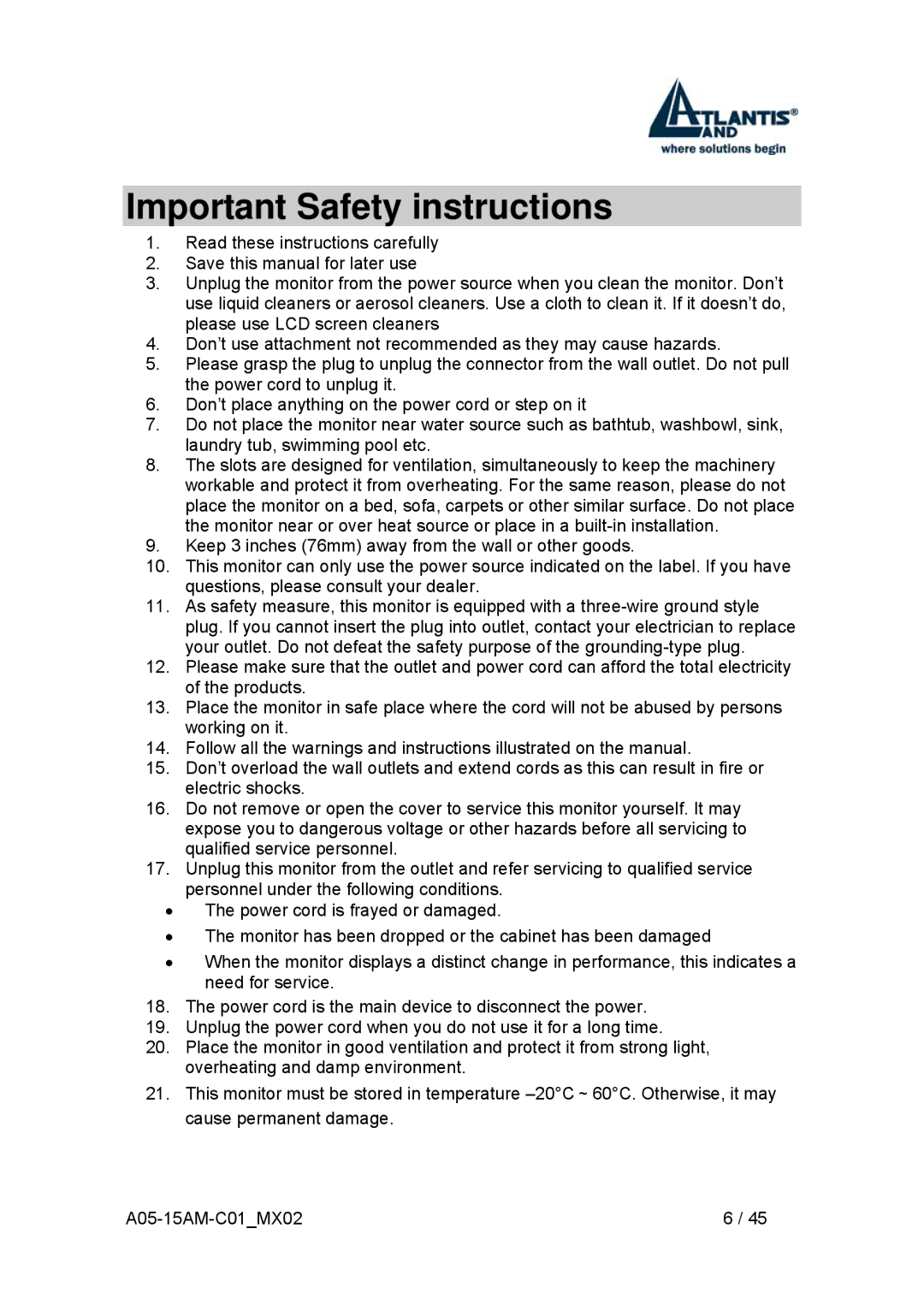 Atlantis Land I-See S 150 user manual Important Safety instructions 