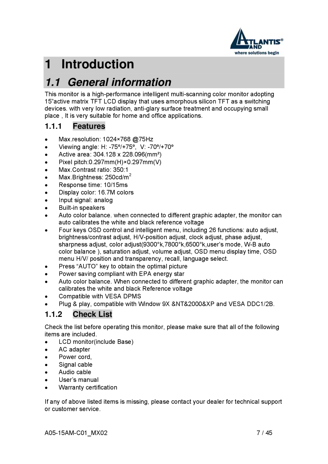 Atlantis Land I-See S 150 user manual Introduction, General information, Features, Check List 