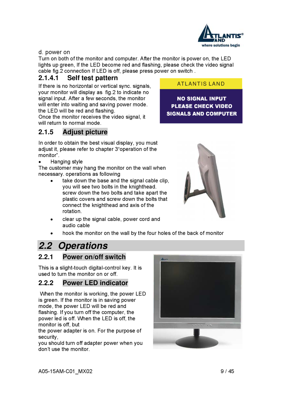 Atlantis Land I-See S 150 Operations, Self test pattern, Adjust picture, Power on/off switch, Power LED indicator 