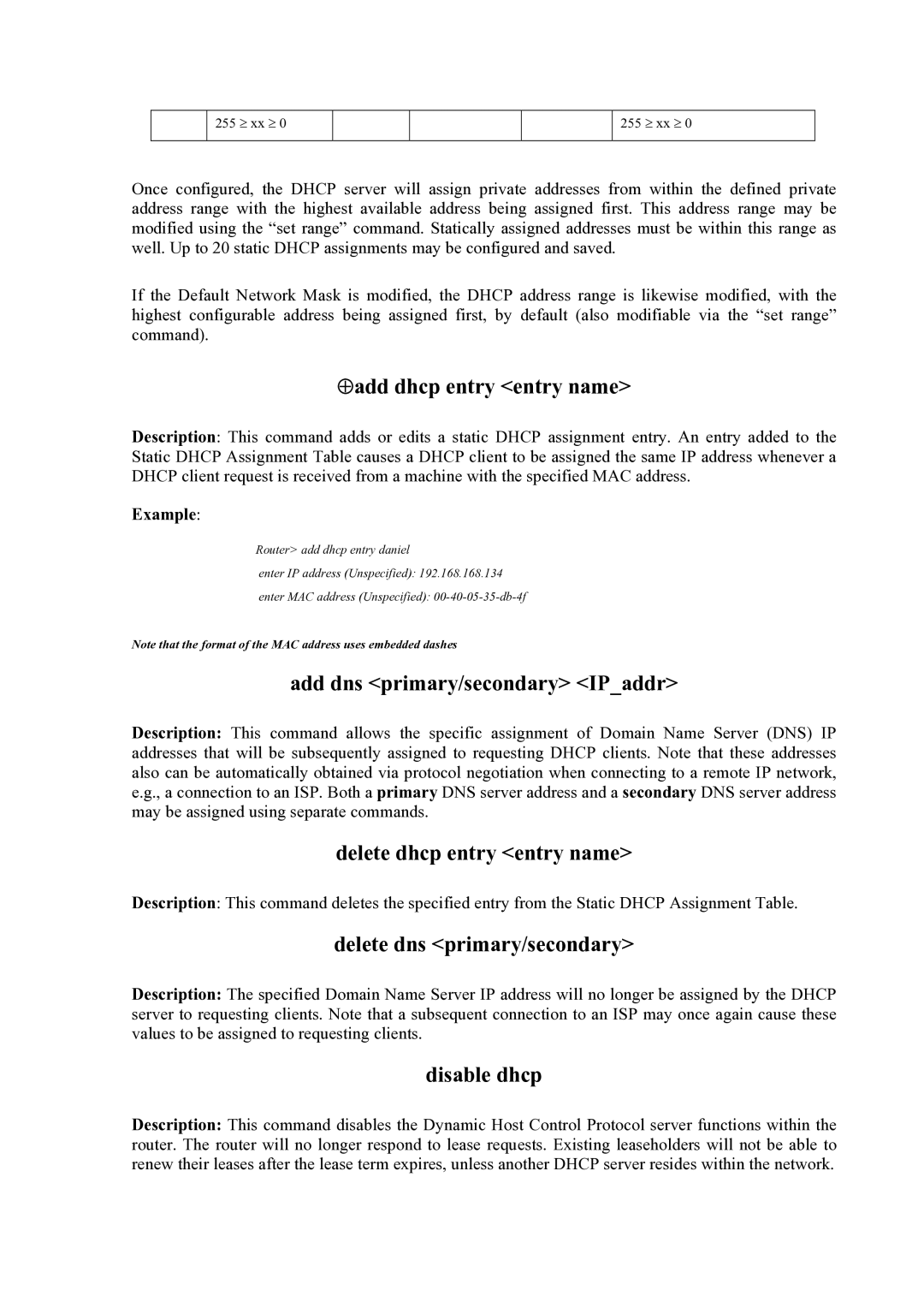 Atlantis Land Mistral Lan Router ISDN manual ⊕add dhcp entry entry name, Add dns primary/secondary IPaddr, Disable dhcp 