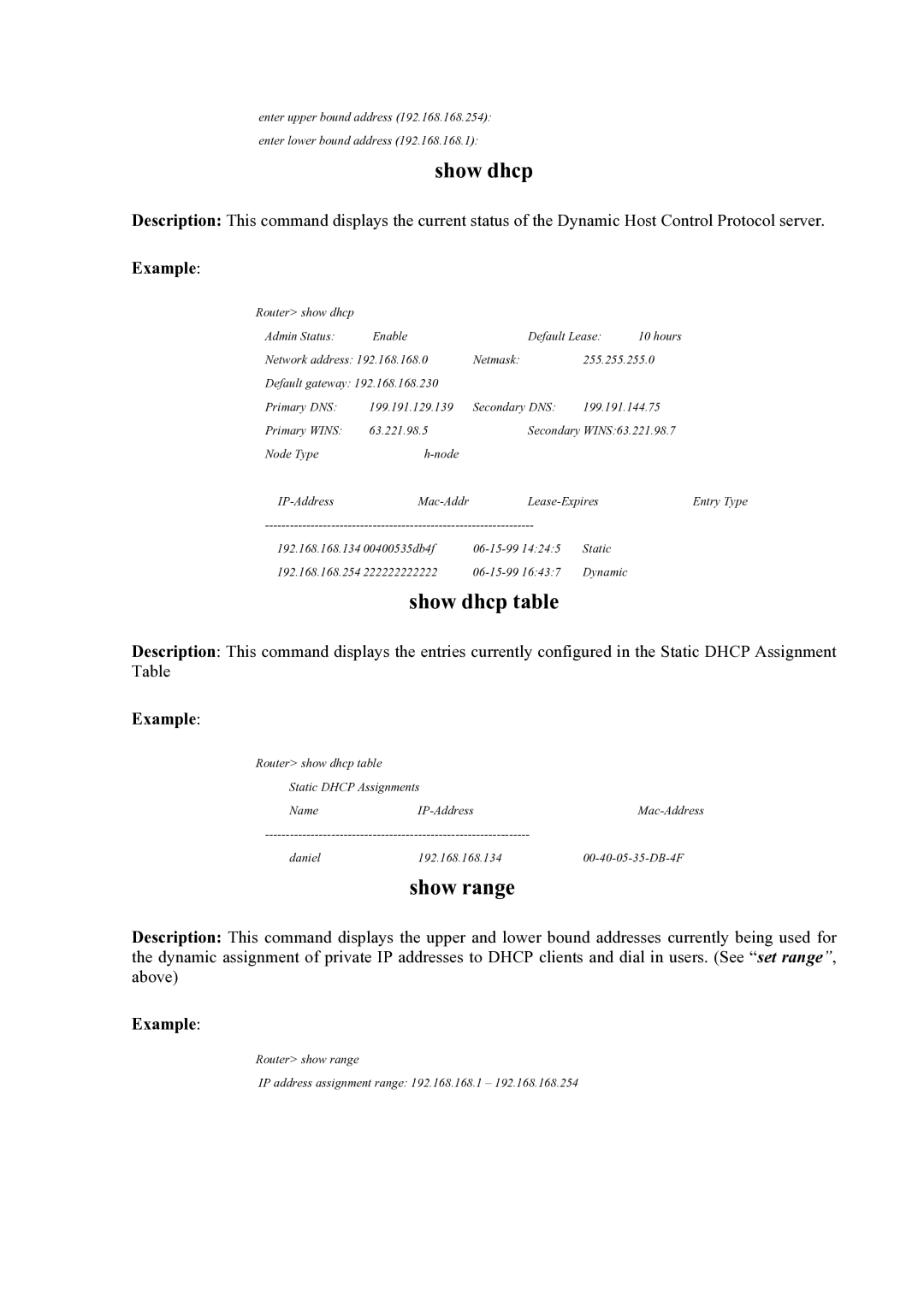 Atlantis Land Mistral Lan Router ISDN manual Show dhcp table, Show range 