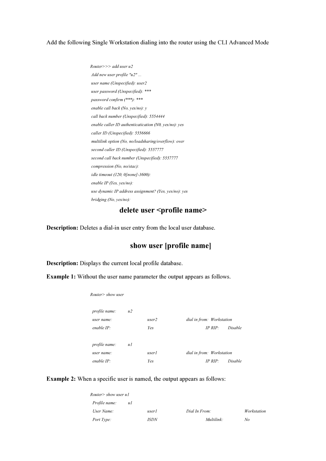 Atlantis Land Mistral Lan Router ISDN manual Delete user profile name, Show user profile name 