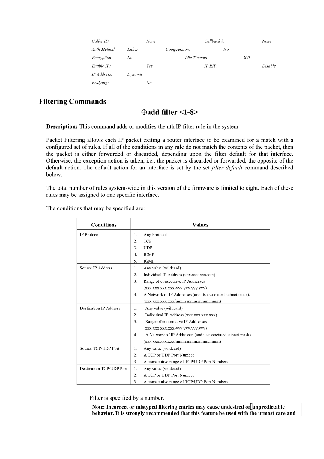 Atlantis Land Mistral Lan Router ISDN manual Filtering Commands ⊕add filter, Conditions Values 