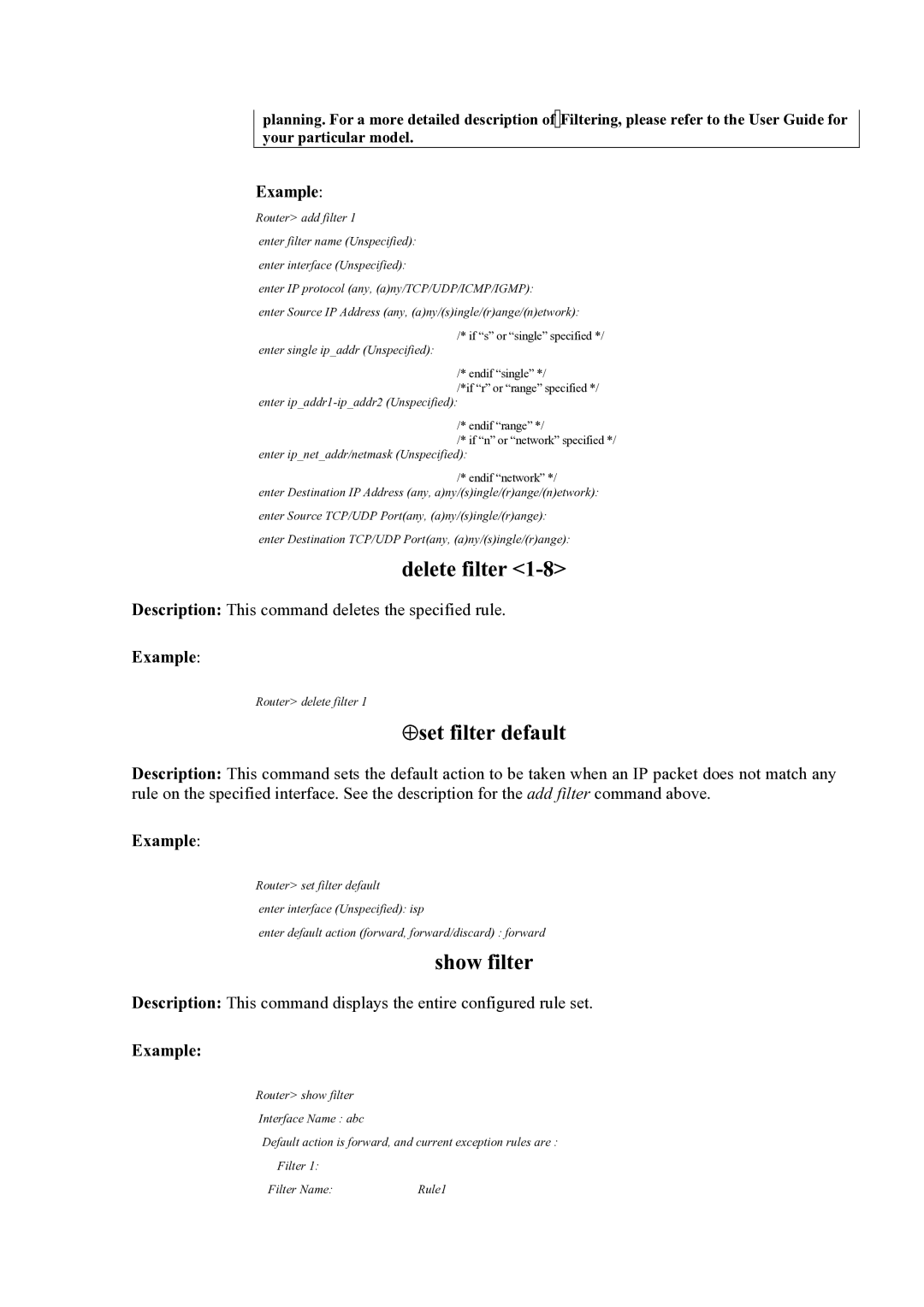 Atlantis Land Mistral Lan Router ISDN manual Delete filter, ⊕set filter default, Show filter 