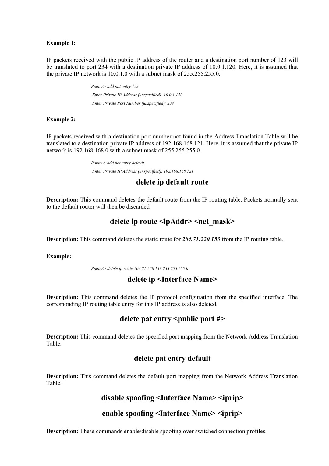 Atlantis Land Mistral Lan Router ISDN Delete ip default route, Delete ip route ipAddr netmask, Delete ip Interface Name 