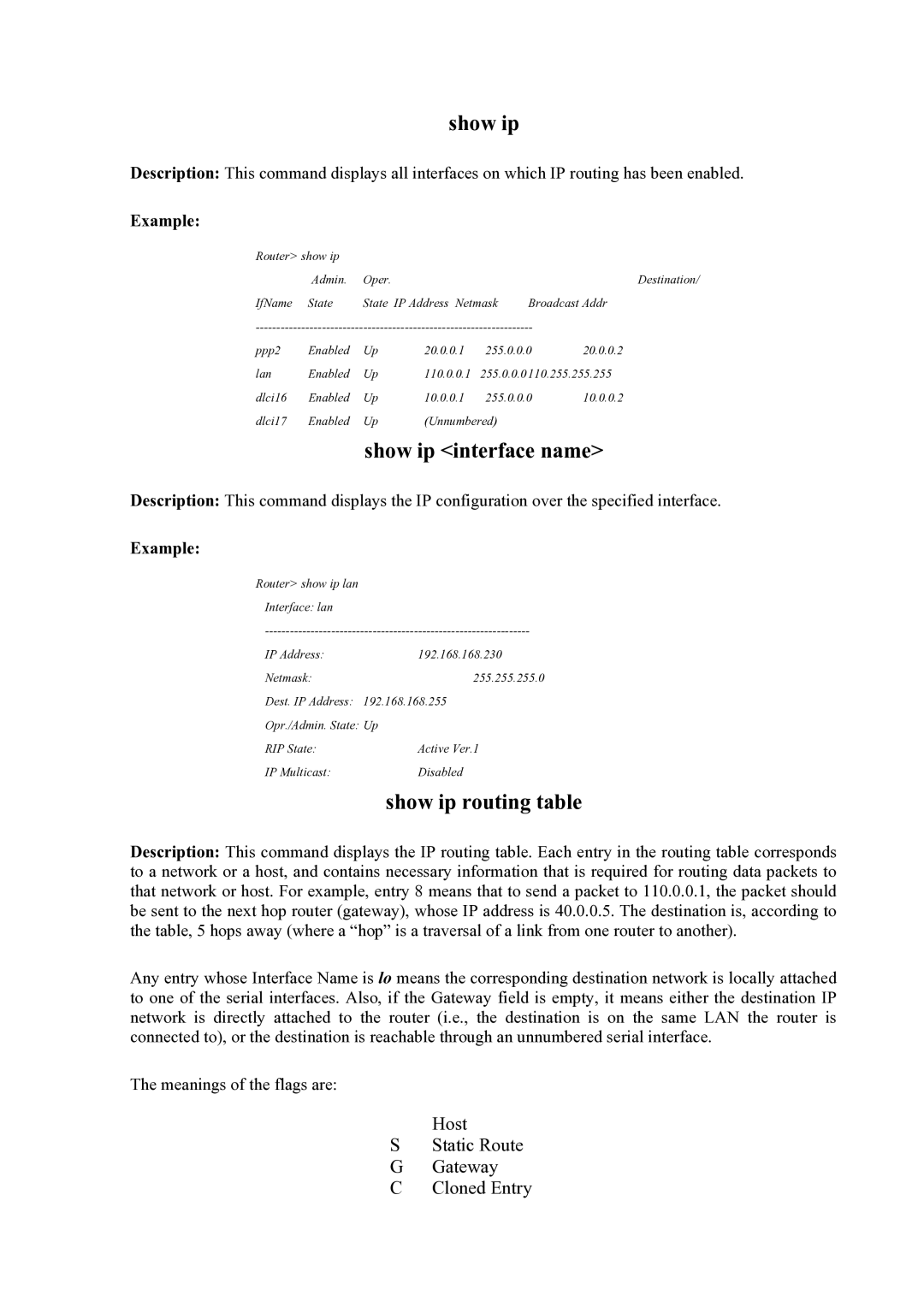 Atlantis Land Mistral Lan Router ISDN manual Show ip interface name, Show ip routing table 