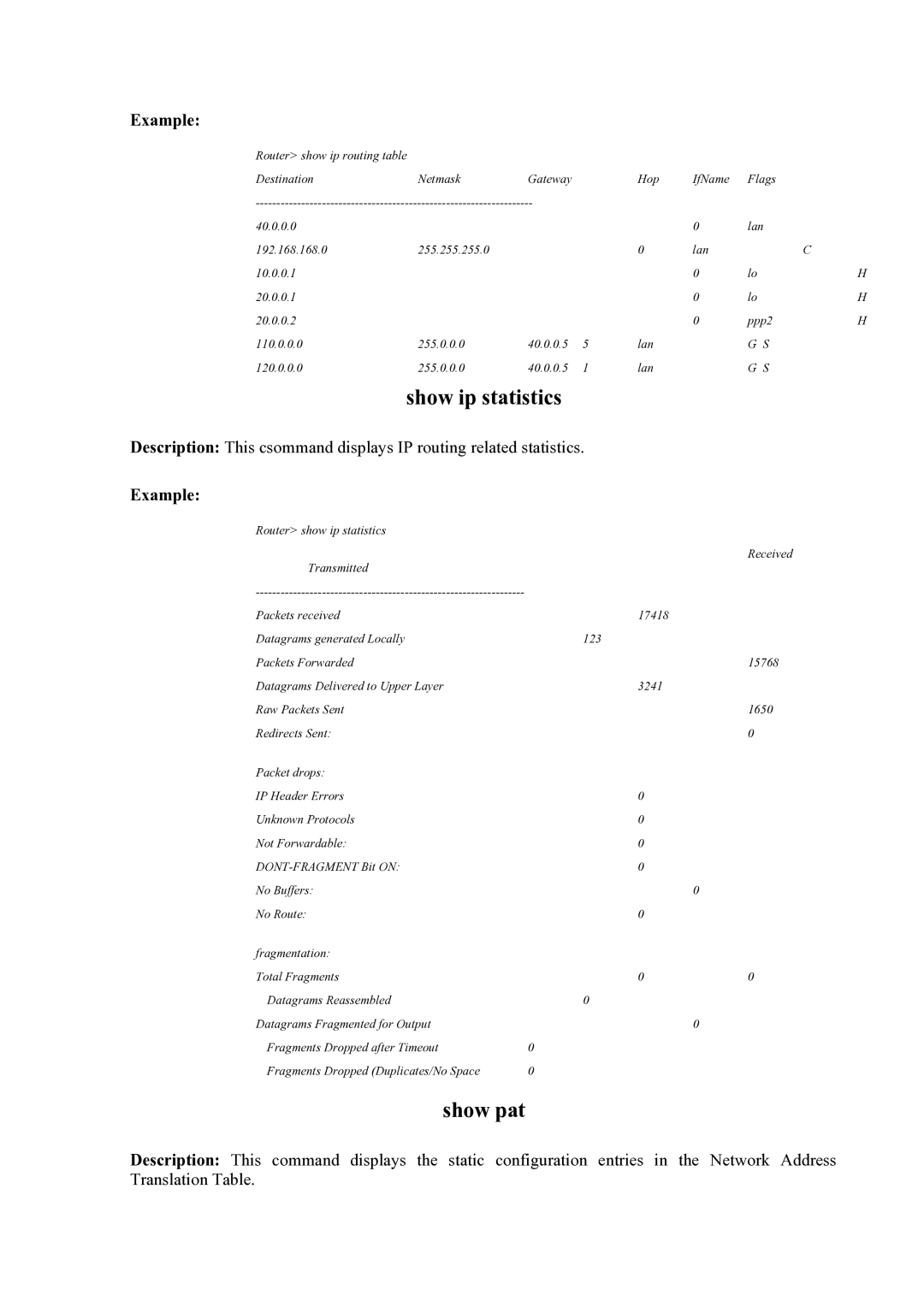 Atlantis Land Mistral Lan Router ISDN manual Show ip statistics, Show pat 