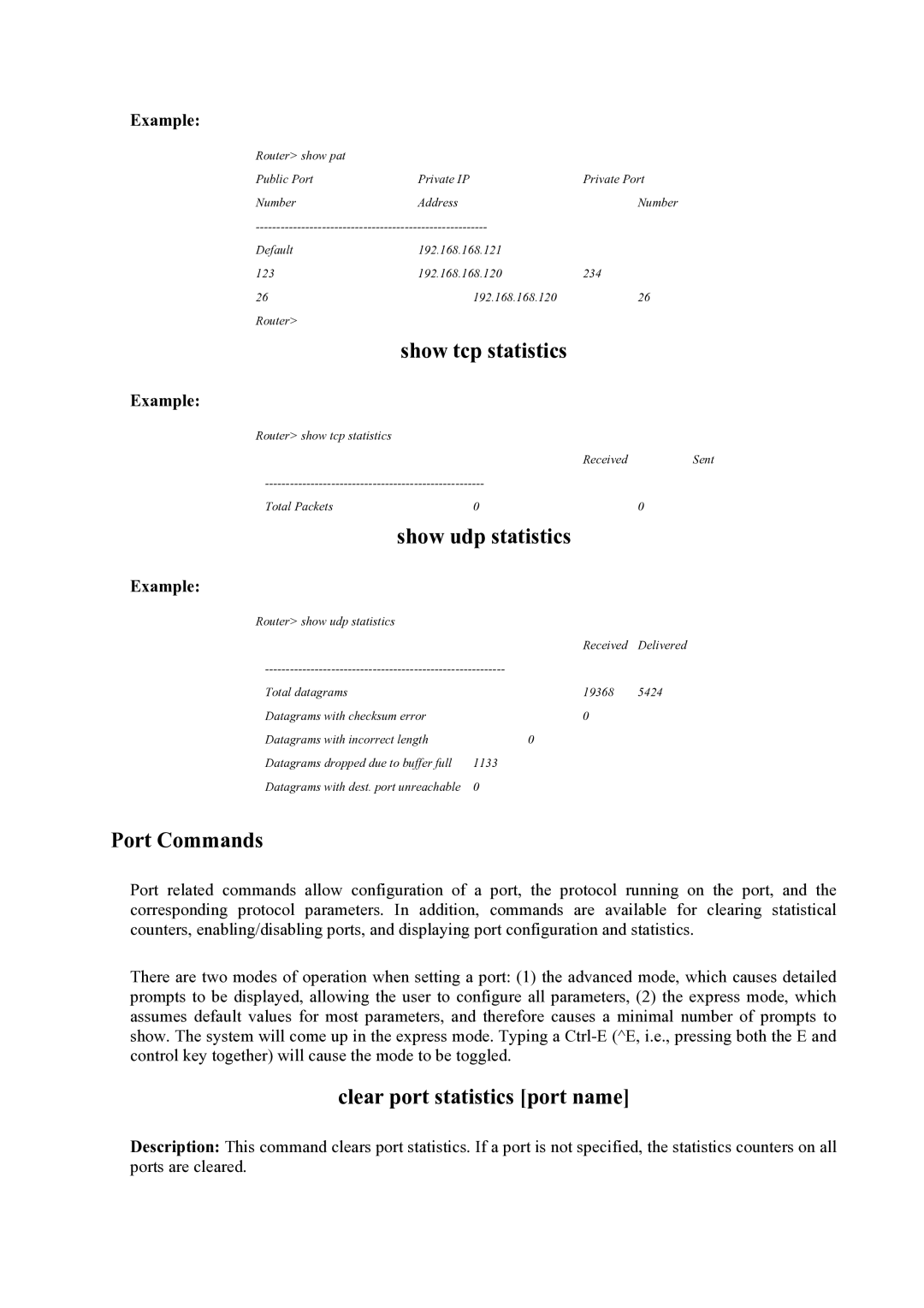 Atlantis Land Mistral Lan Router ISDN manual Show tcp statistics, Show udp statistics, Clear port statistics port name 