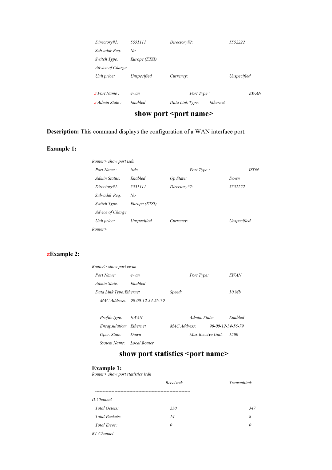 Atlantis Land Mistral Lan Router ISDN manual Show port port name, Show port statistics port name 