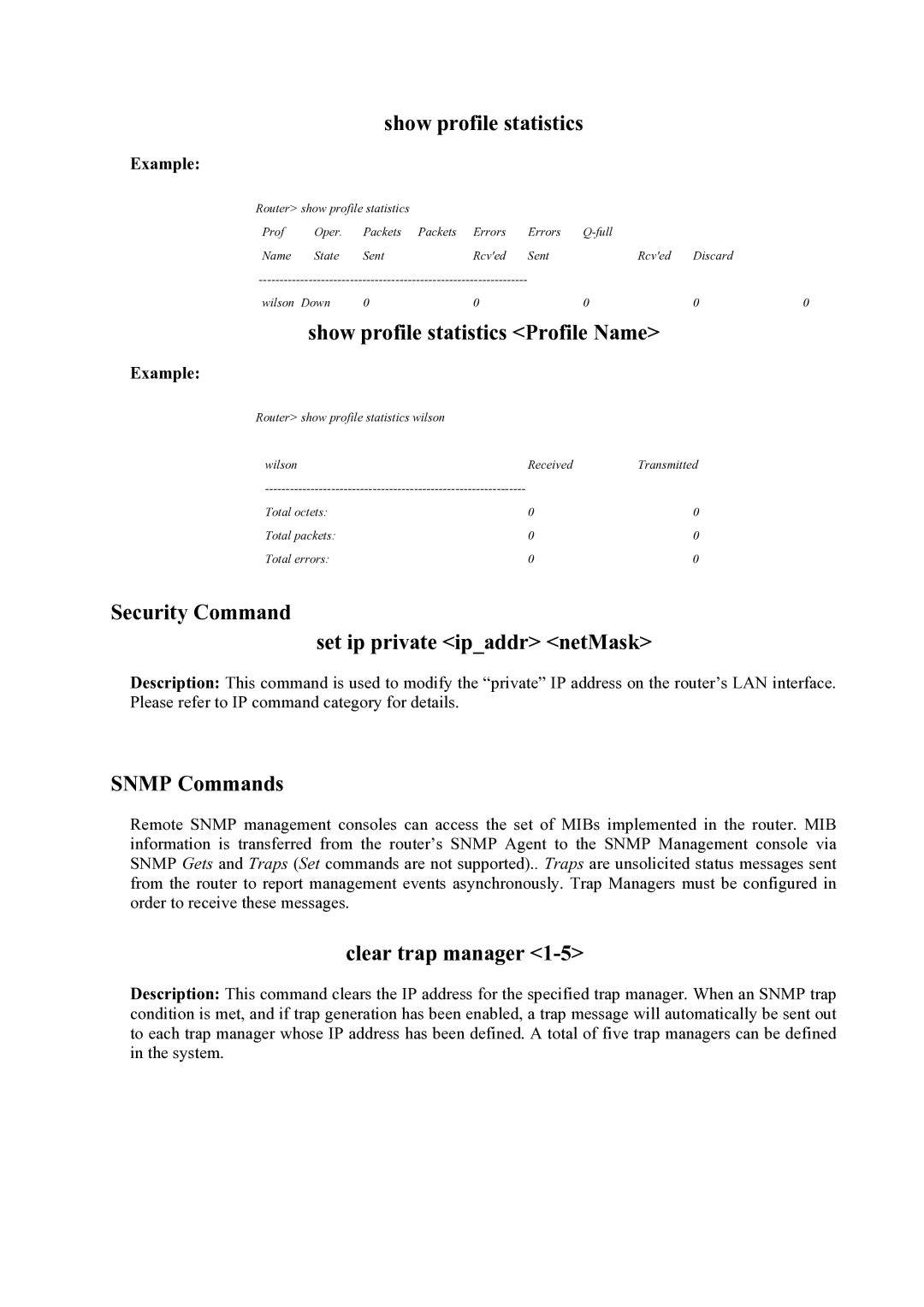 Atlantis Land Mistral Lan Router ISDN manual Show profile statistics Profile Name, Clear trap manager 