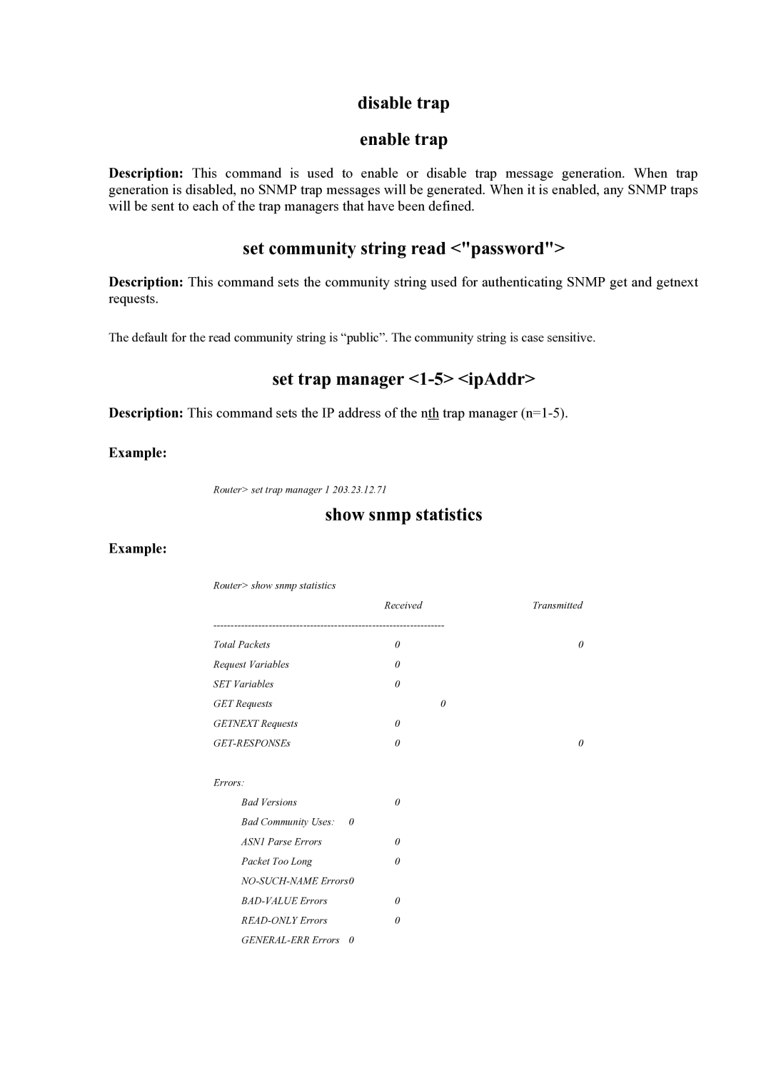 Atlantis Land Mistral Lan Router ISDN Disable trap Enable trap, Set community string read password, Show snmp statistics 