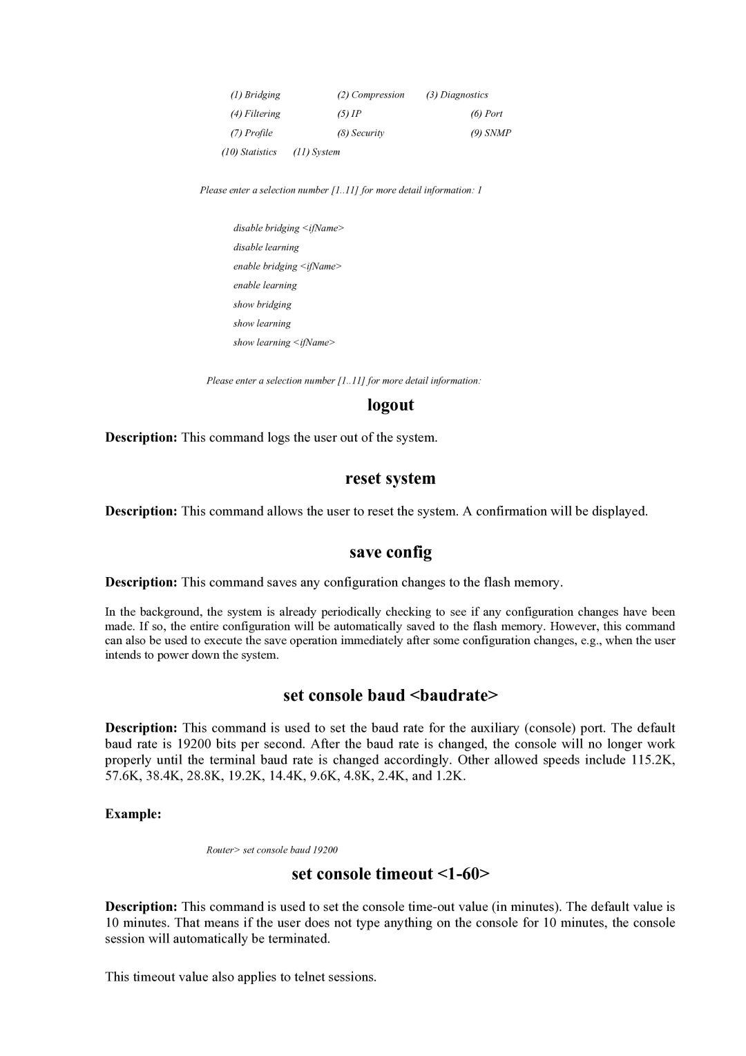 Atlantis Land Mistral Lan Router ISDN Logout, Reset system, Save config, Set console baud baudrate, Set console timeout 