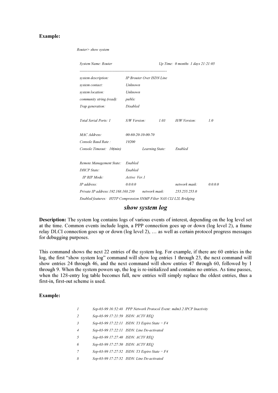 Atlantis Land Mistral Lan Router ISDN manual Show system log 